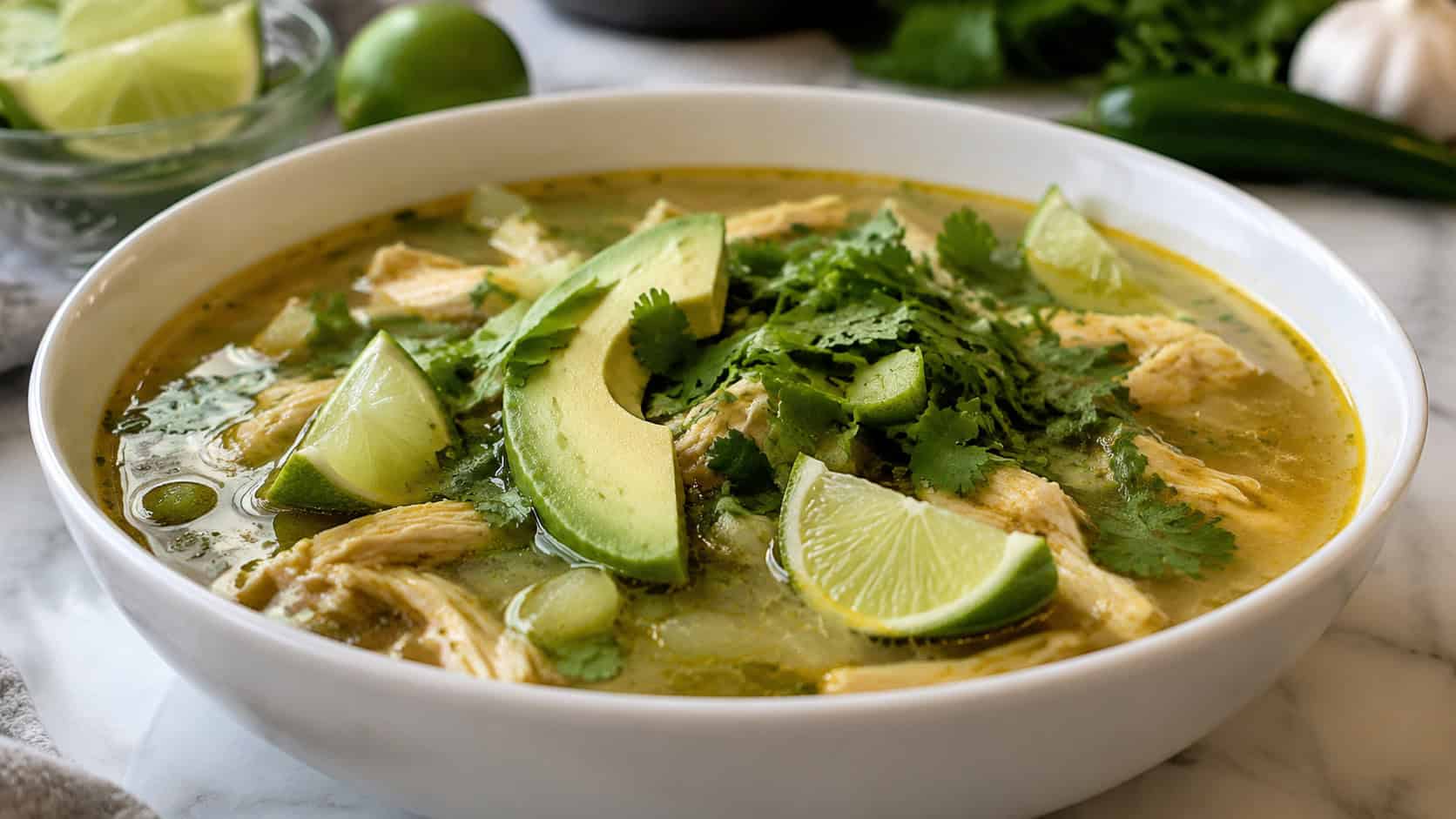 a wide horizontal bowl of Mexican lime chicken soup with cilantro, avocado, and lime wedges, brothy and bright, natural light, shallow depth of field, landscape orientation