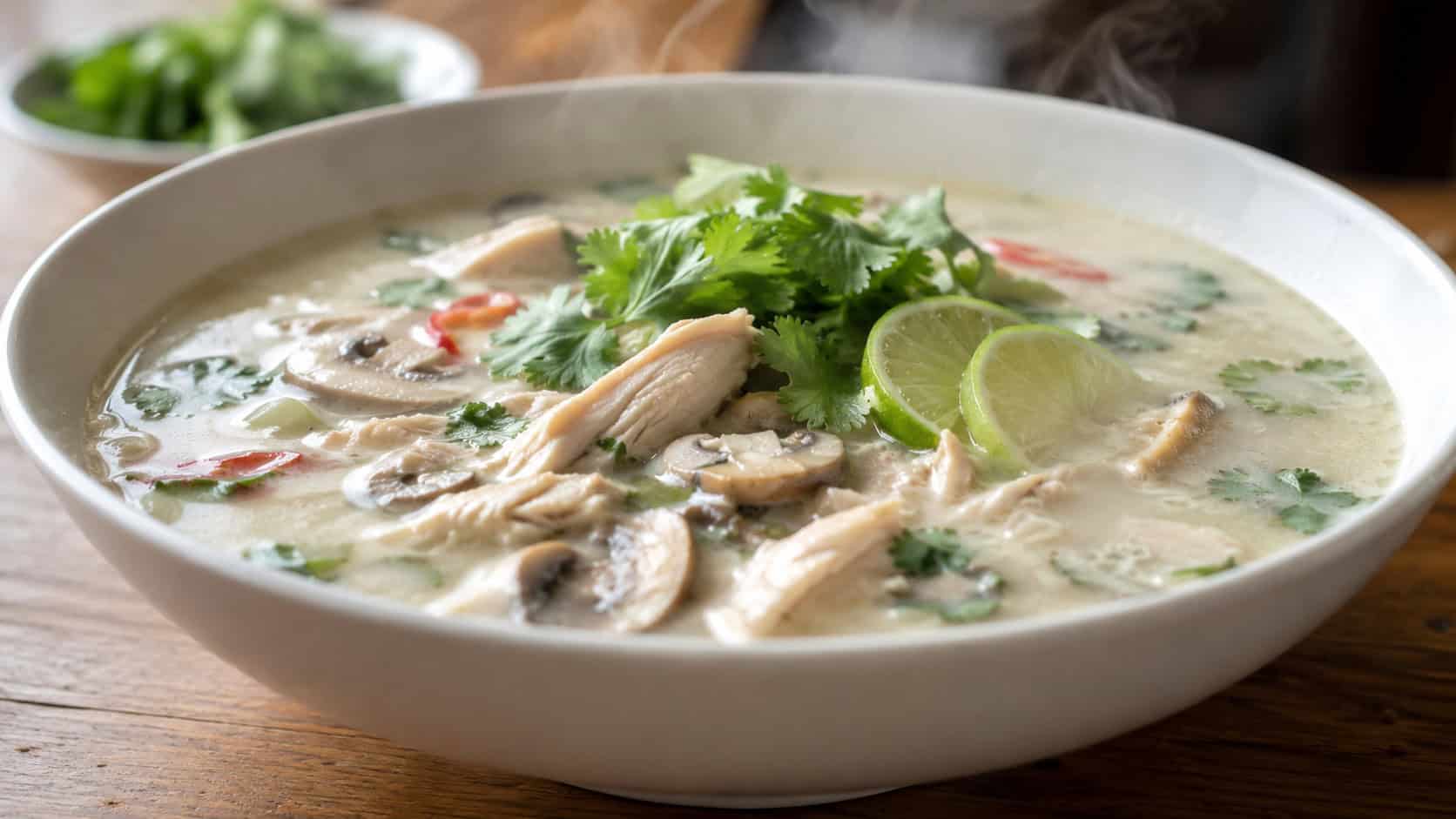 a wide horizontal bowl of Thai coconut chicken soup with mushrooms, creamy pale broth, cilantro and lime, steam rising, natural light, shallow depth of field, landscape orientation
