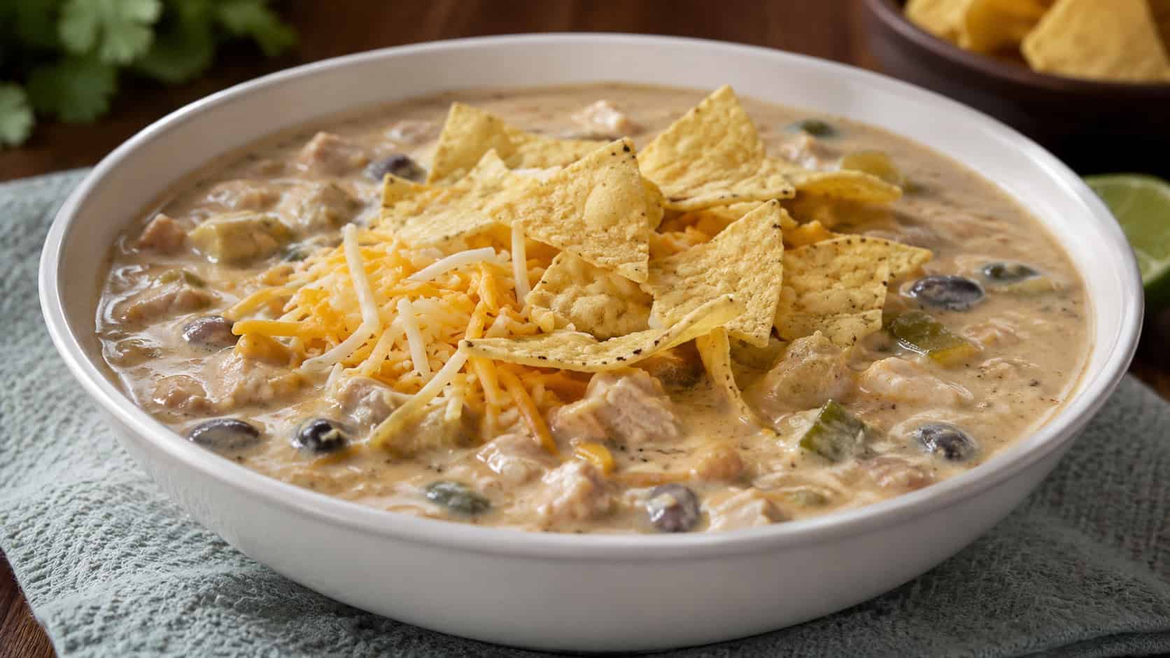 a wide horizontal bowl of creamy white chicken chili with beans, topped with cheese and tortilla chips, natural light, shallow depth of field, landscape orientation