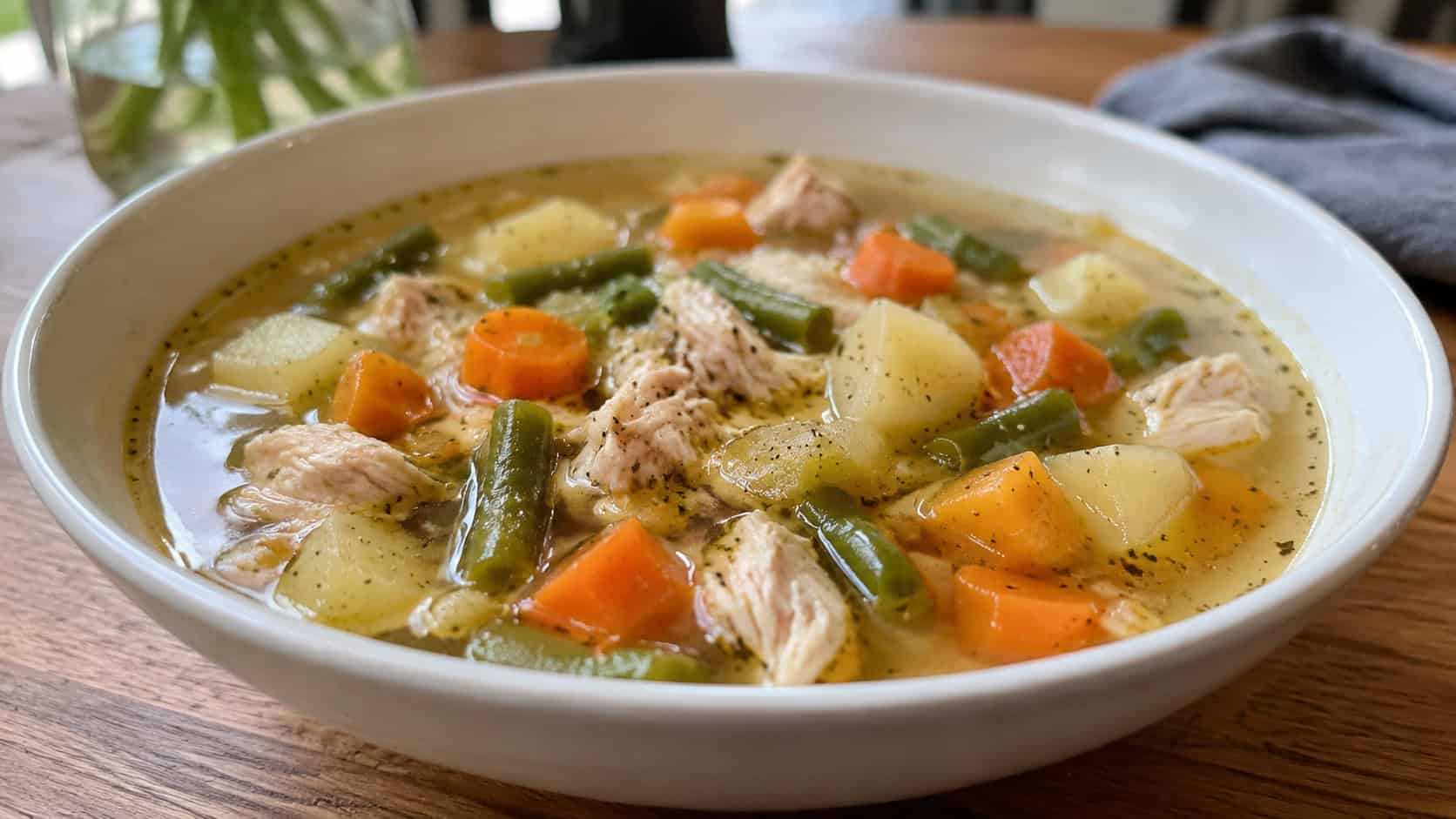 a wide horizontal bowl of hearty chicken and vegetable soup full of carrots, potatoes, and green beans in clear broth, natural light, shallow depth of field, landscape orientation