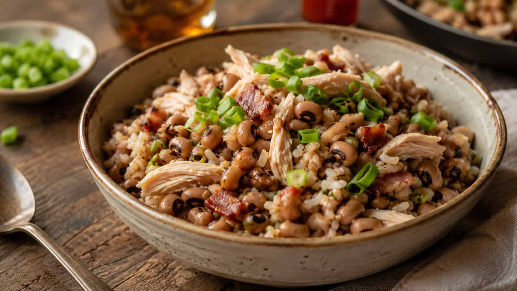 a hearty bowl of Hoppin' John with black-eyed peas, rice, and shredded chicken in a wide horizontal shot, bits of bacon visible, green onion on top, cozy rustic table, warm natural light, shallow depth of field, landscape orientation