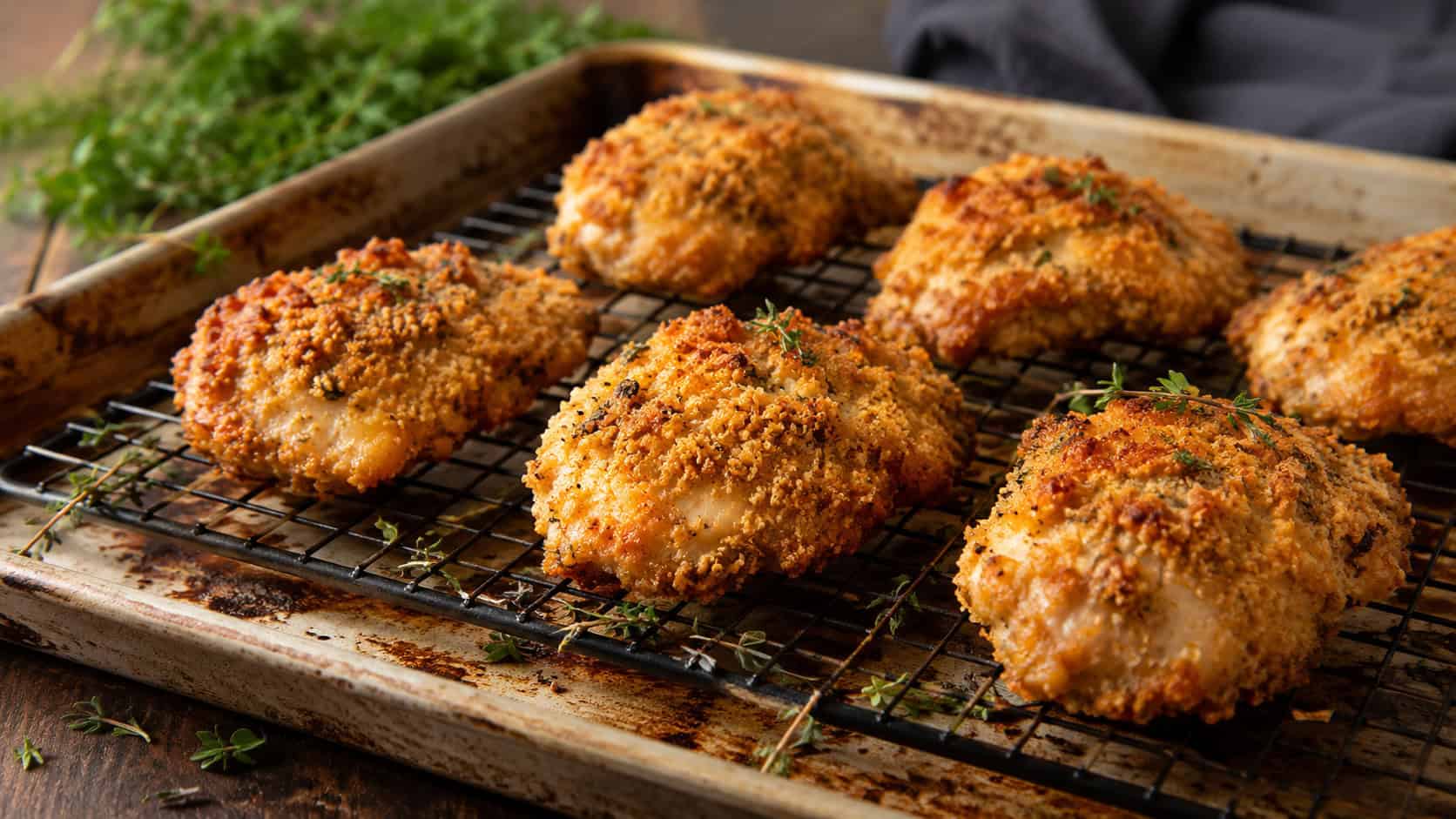 golden crunchy oven-fried chicken pieces on a wire rack in a wide horizontal shot, herbs scattered around, rustic baking sheet, warm natural light, shallow depth of field, landscape orientation