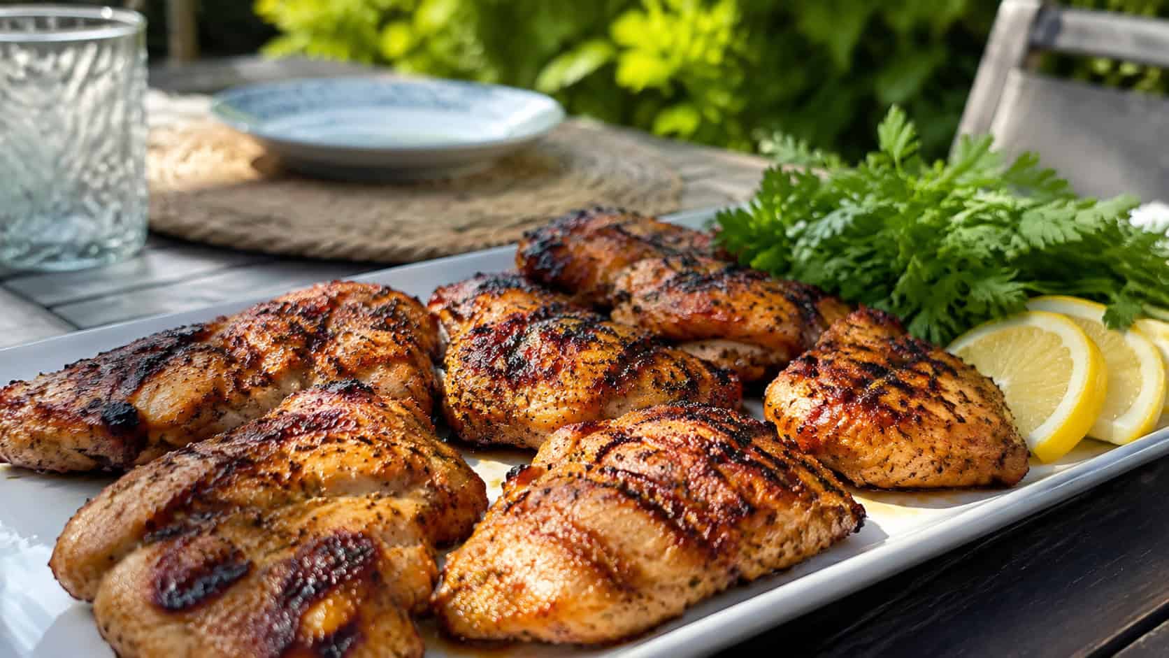 grilled chicken pieces with caramelized golden-brown skin and char marks on a platter in a wide horizontal shot, lemon slices and fresh herbs beside them, sunny outdoor table, bright natural light, shallow depth of field, landscape orientation