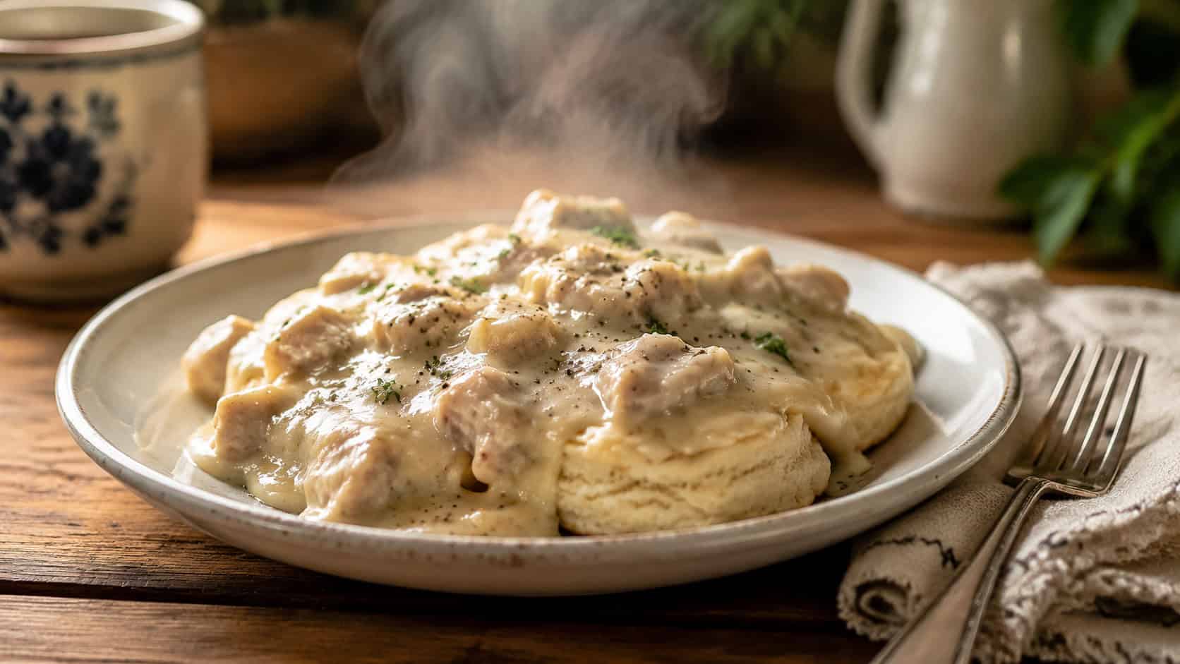 flaky split biscuits smothered in creamy chicken gravy on a plate in a wide horizontal shot, steam rising, a fork resting beside it, cozy farmhouse table, warm natural light, shallow depth of field, landscape orientation