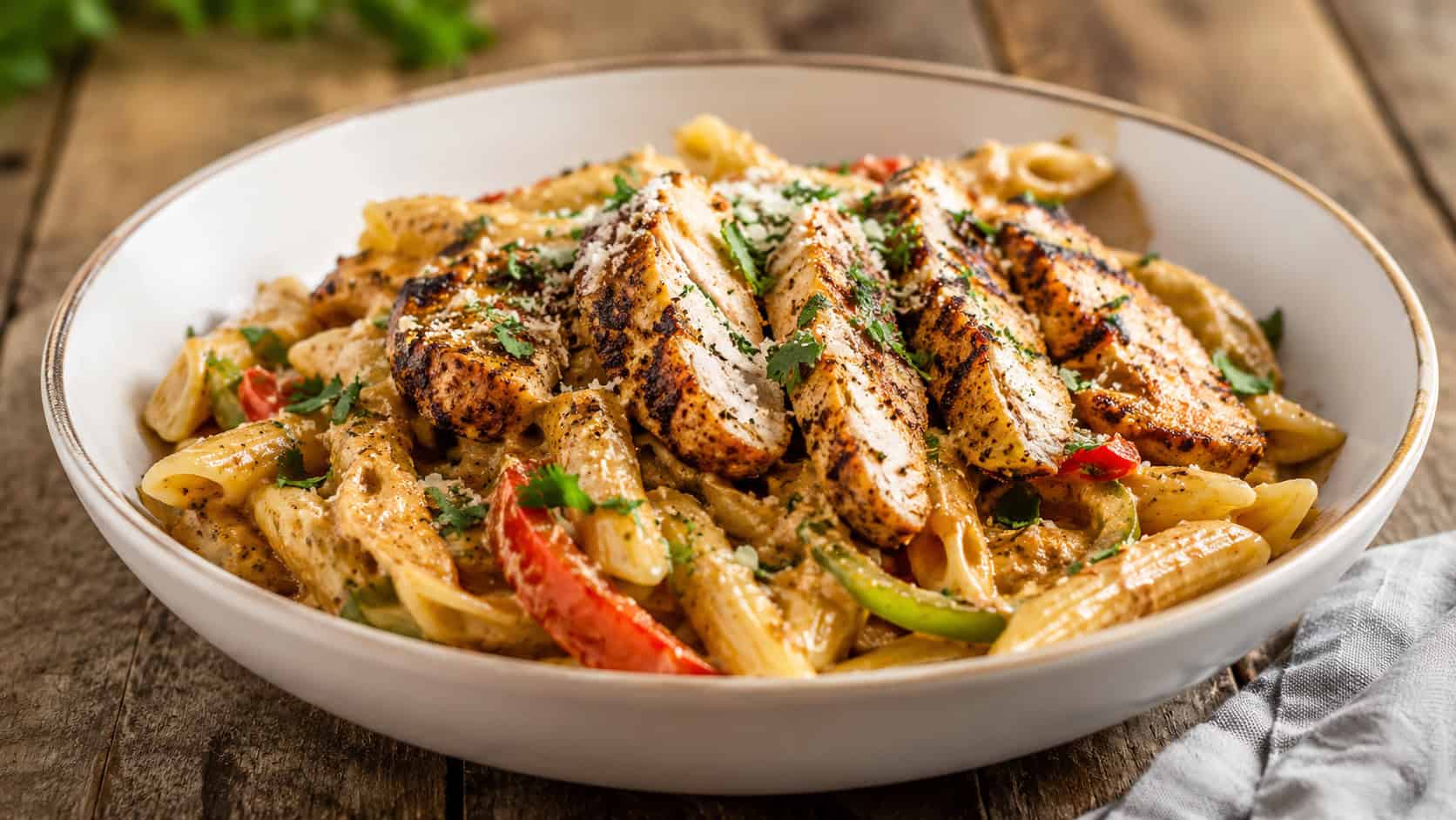 creamy Cajun chicken penne with blackened chicken and bell peppers in a bowl in a wide horizontal shot, parsley and parmesan on top, rustic wooden table, warm natural light, shallow depth of field, landscape orientation