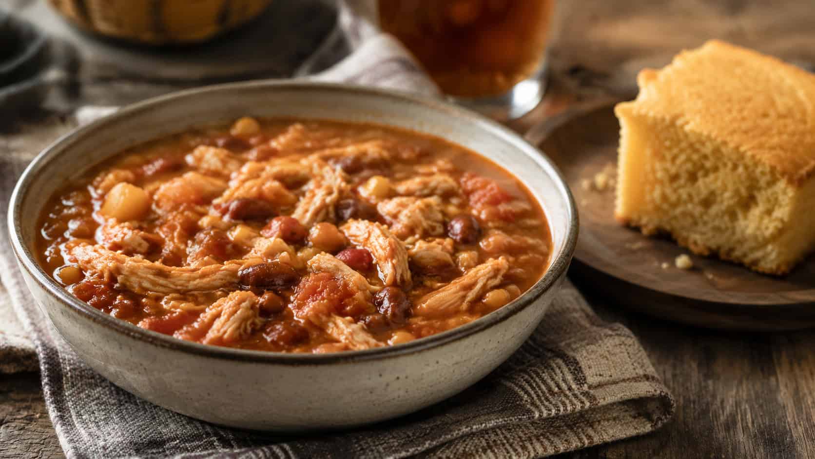 a thick bowl of Brunswick stew with shredded chicken, corn, and beans in a tomato broth in a wide horizontal shot, cornbread beside it, cozy rustic table, warm natural light, shallow depth of field, landscape orientation