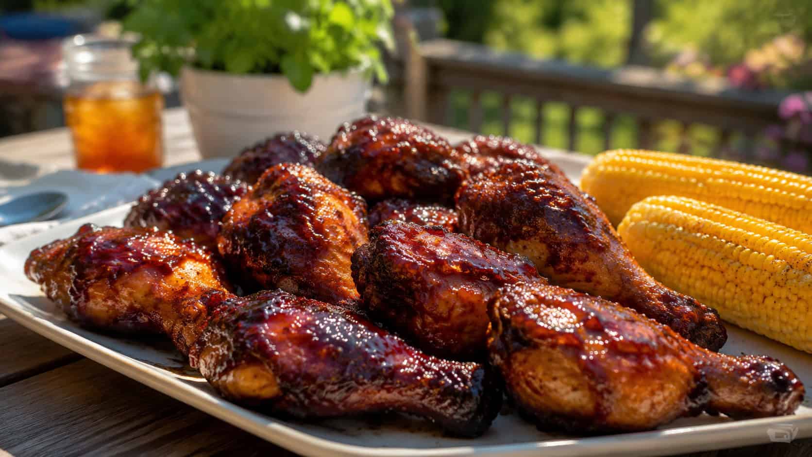 sticky glazed Southern barbecue chicken pieces with caramelized edges on a platter in a wide horizontal shot, sauce glistening, corn on the cob beside it, sunny backyard table, warm natural light, shallow depth of field, landscape orientation