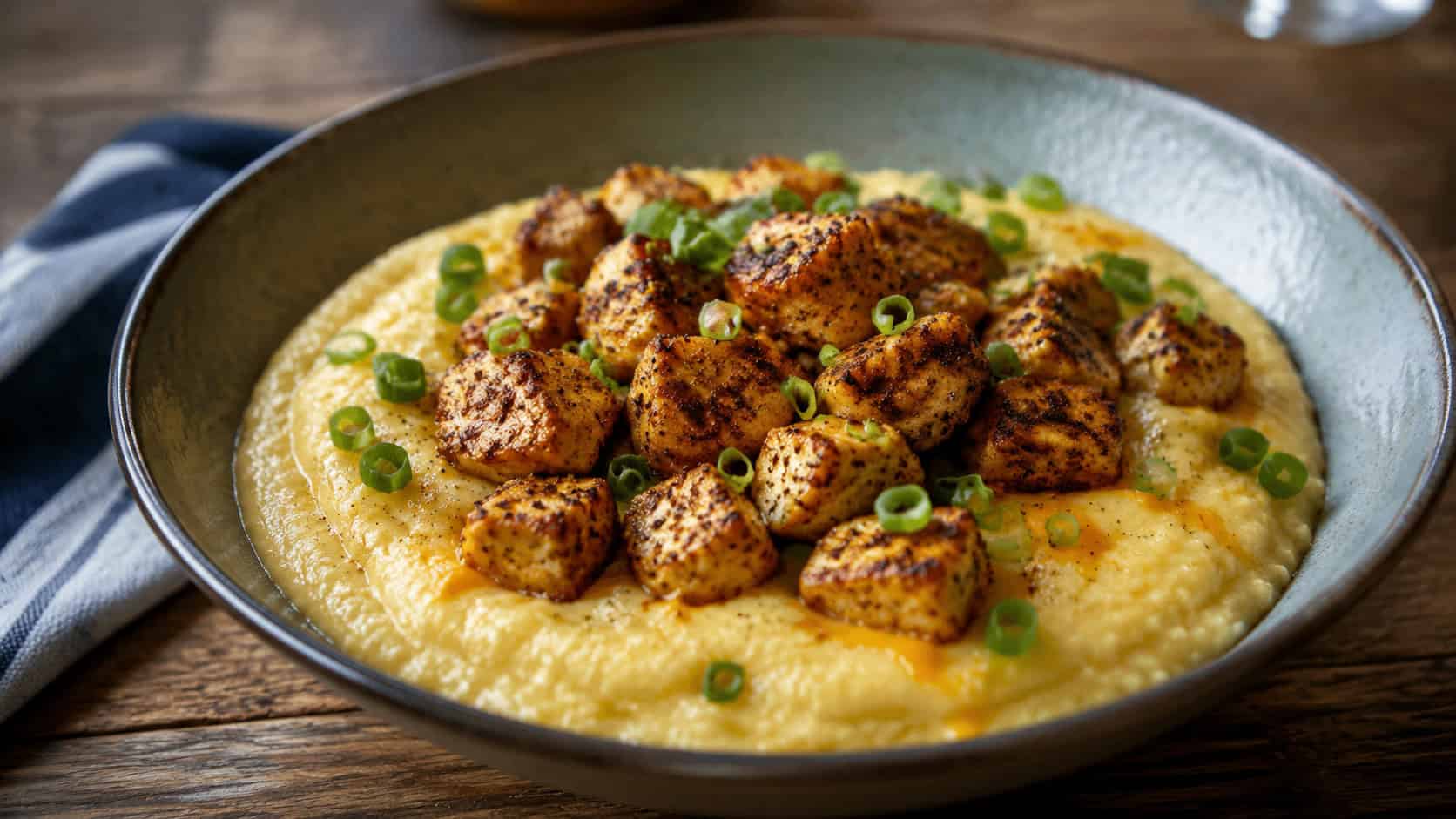 a bowl of creamy cheddar grits topped with seasoned diced chicken in a wide horizontal shot, green onions sprinkled on top, rustic wooden table, warm natural light, shallow depth of field, landscape orientation