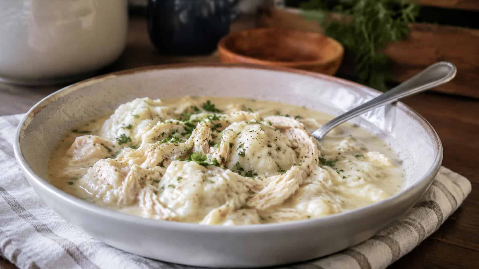 a bowl of chicken and dumplings with fluffy white dumplings in creamy broth in a wide horizontal shot, parsley sprinkled on top, a spoon resting in the bowl, cozy kitchen table, soft natural light, shallow depth of field, landscape orientation