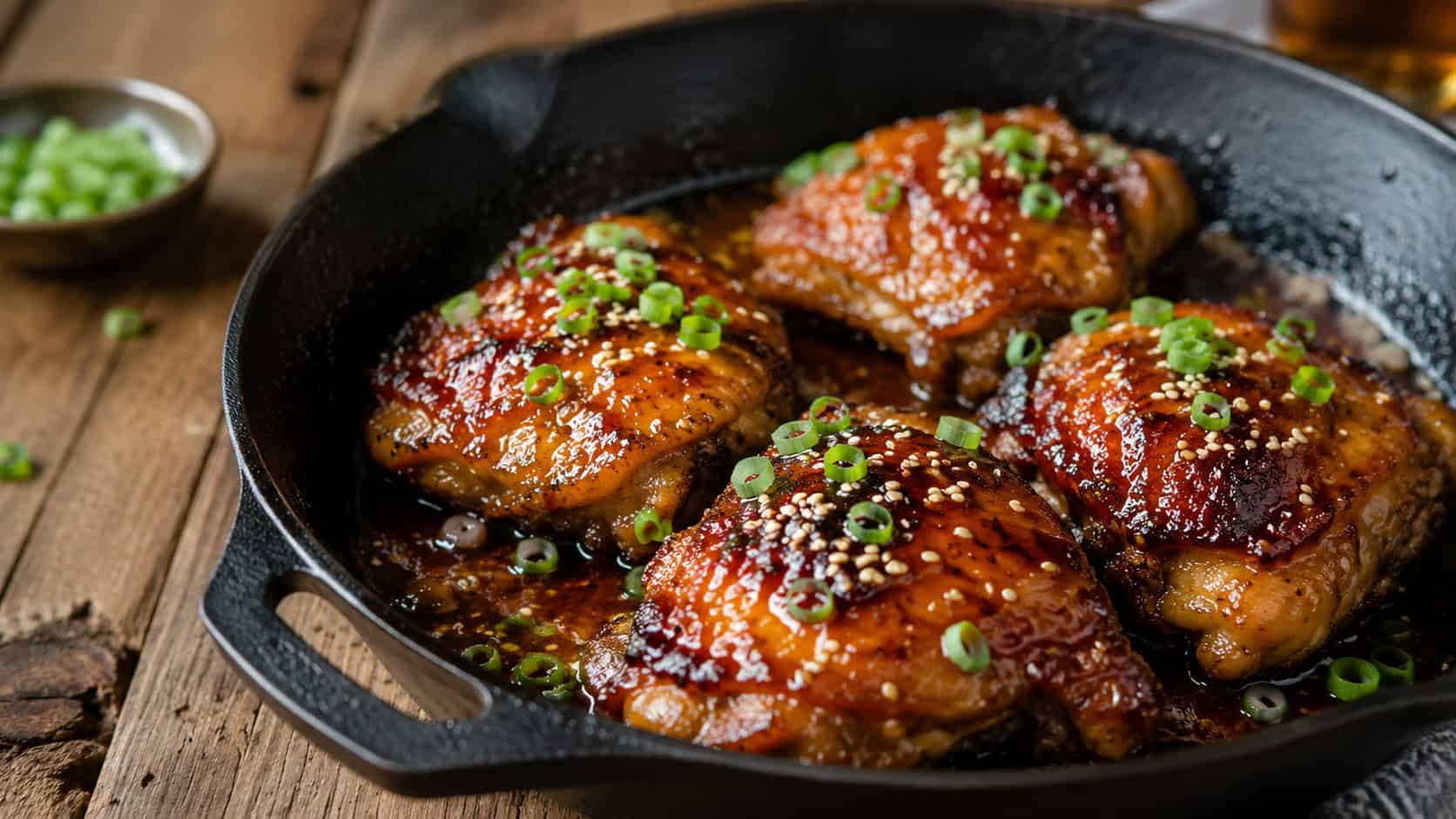 glossy bourbon glazed chicken thighs with a sticky caramelized sauce in a skillet in a wide horizontal shot, sesame seeds and green onion on top, rustic table, warm natural light, shallow depth of field, landscape orientation