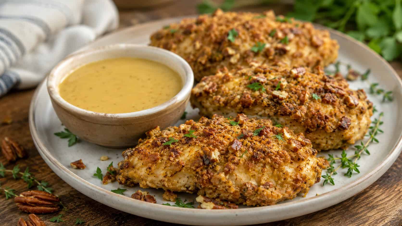golden pecan-crusted chicken breasts on a plate with a bowl of honey mustard in a wide horizontal shot, fresh herbs garnishing, rustic wooden board, warm natural light, shallow depth of field, landscape orientation