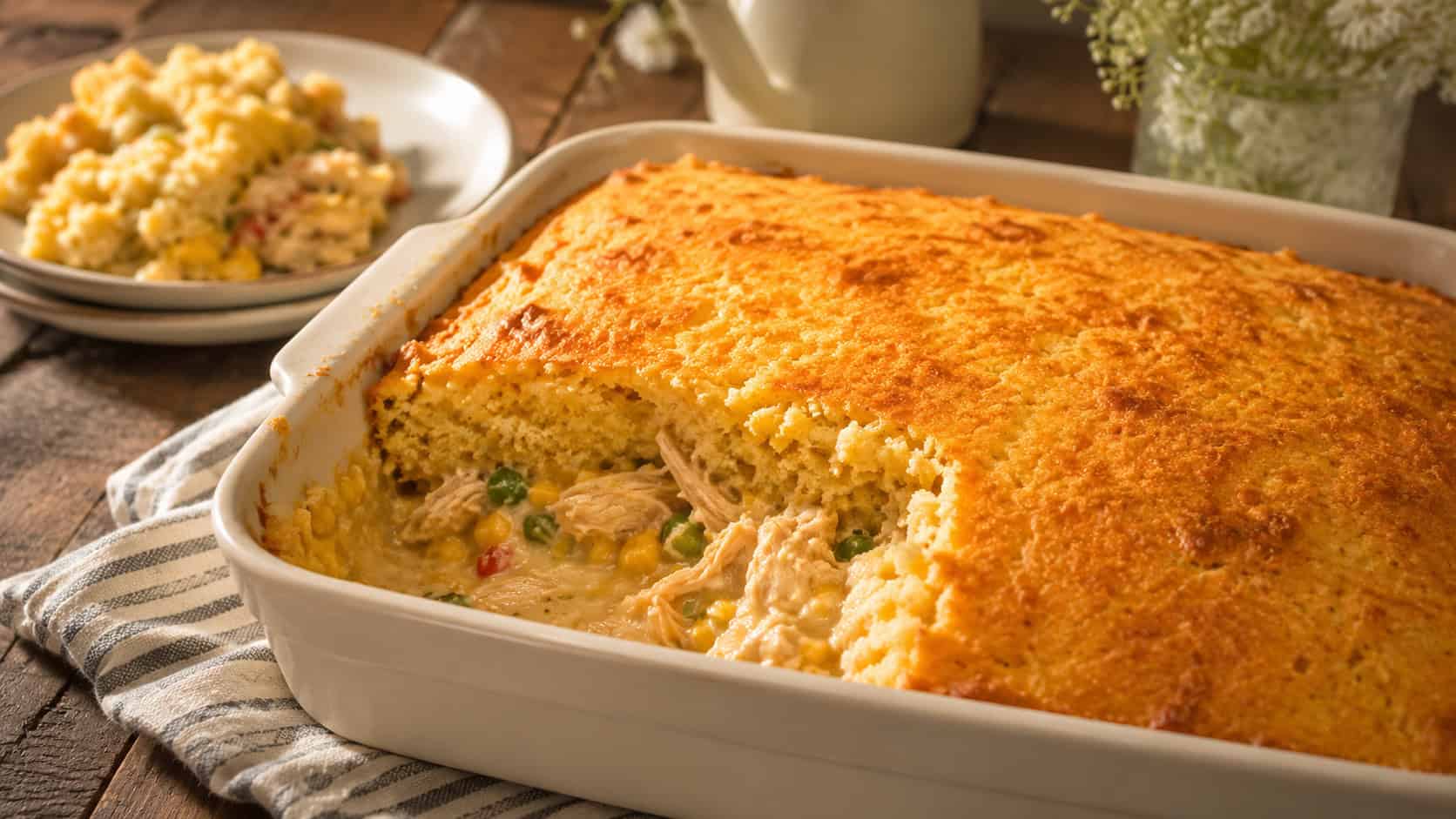 a chicken casserole with a golden cornbread topping in a baking dish in a wide horizontal shot, a scoop removed showing creamy filling, cozy farmhouse table, warm natural light, shallow depth of field, landscape orientation