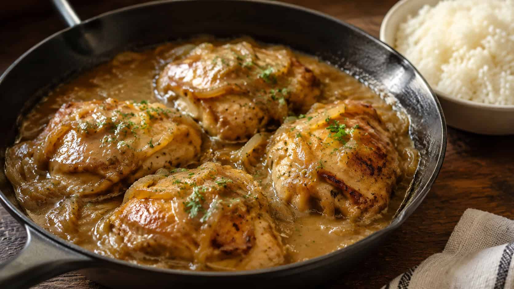 smothered chicken thighs blanketed in rich caramelized onion gravy in a skillet in a wide horizontal shot, parsley sprinkled on top, rice beside it, rustic table, warm natural light, shallow depth of field, landscape orientation