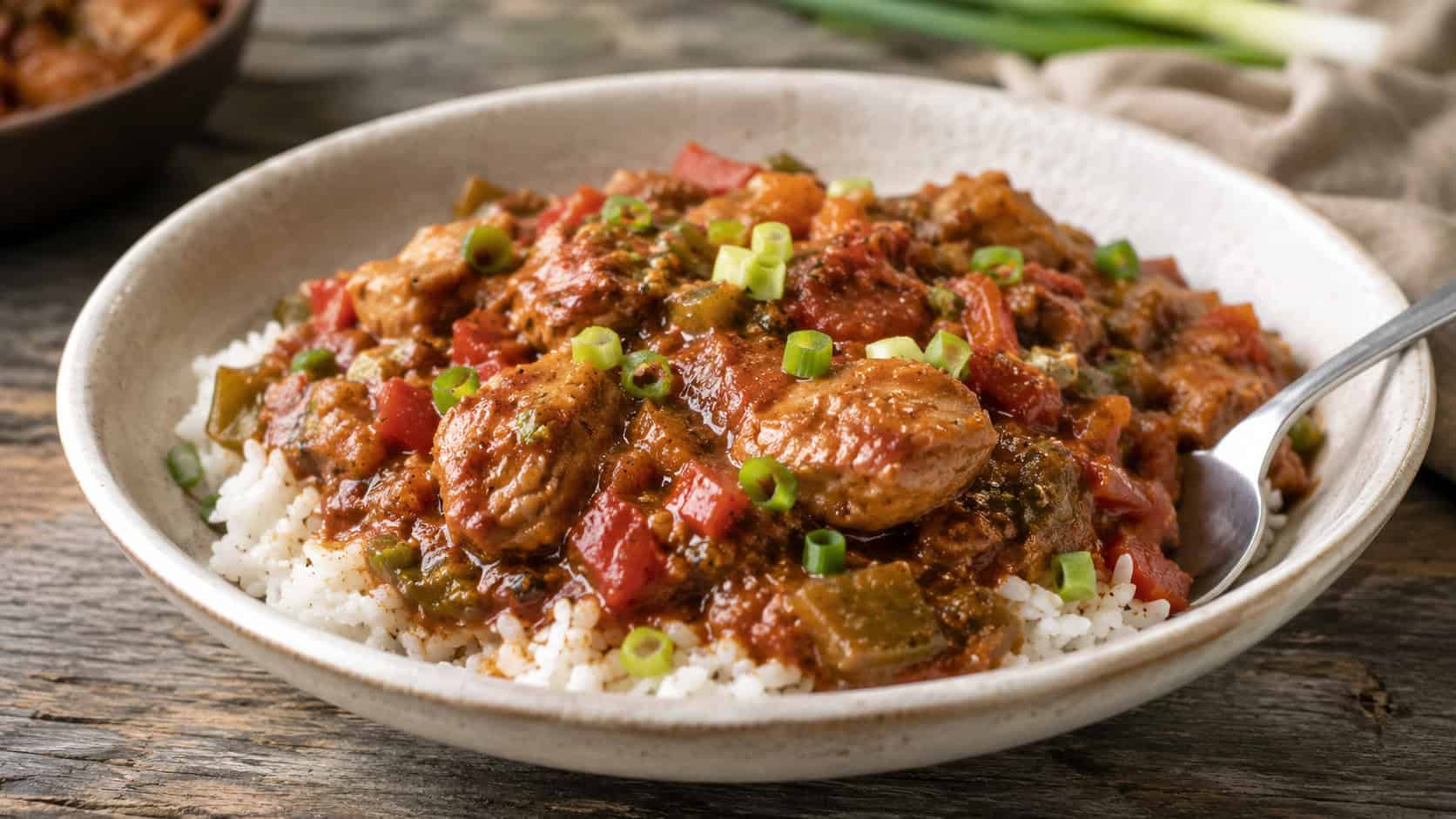 saucy chicken creole with peppers and tomatoes spooned over white rice in a wide horizontal shot, green onions on top, a spoon resting in the bowl, rustic table, warm natural light, shallow depth of field, landscape orientation