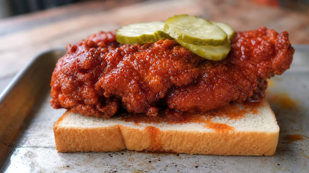 fiery red-glazed Nashville hot chicken on white bread with pickle slices in a wide horizontal shot, the crust glistening, rustic tray underneath, warm natural light, shallow depth of field, landscape orientation