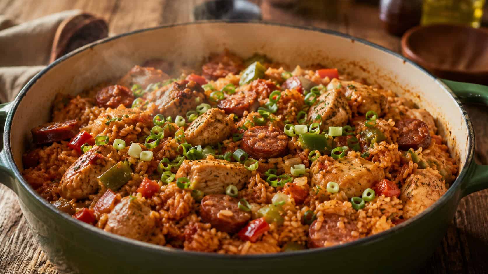 a steaming pot of chicken jambalaya with sausage, peppers, and rice in a wide horizontal shot, green onions scattered on top, rustic wooden table, warm natural light, shallow depth of field, landscape orientation