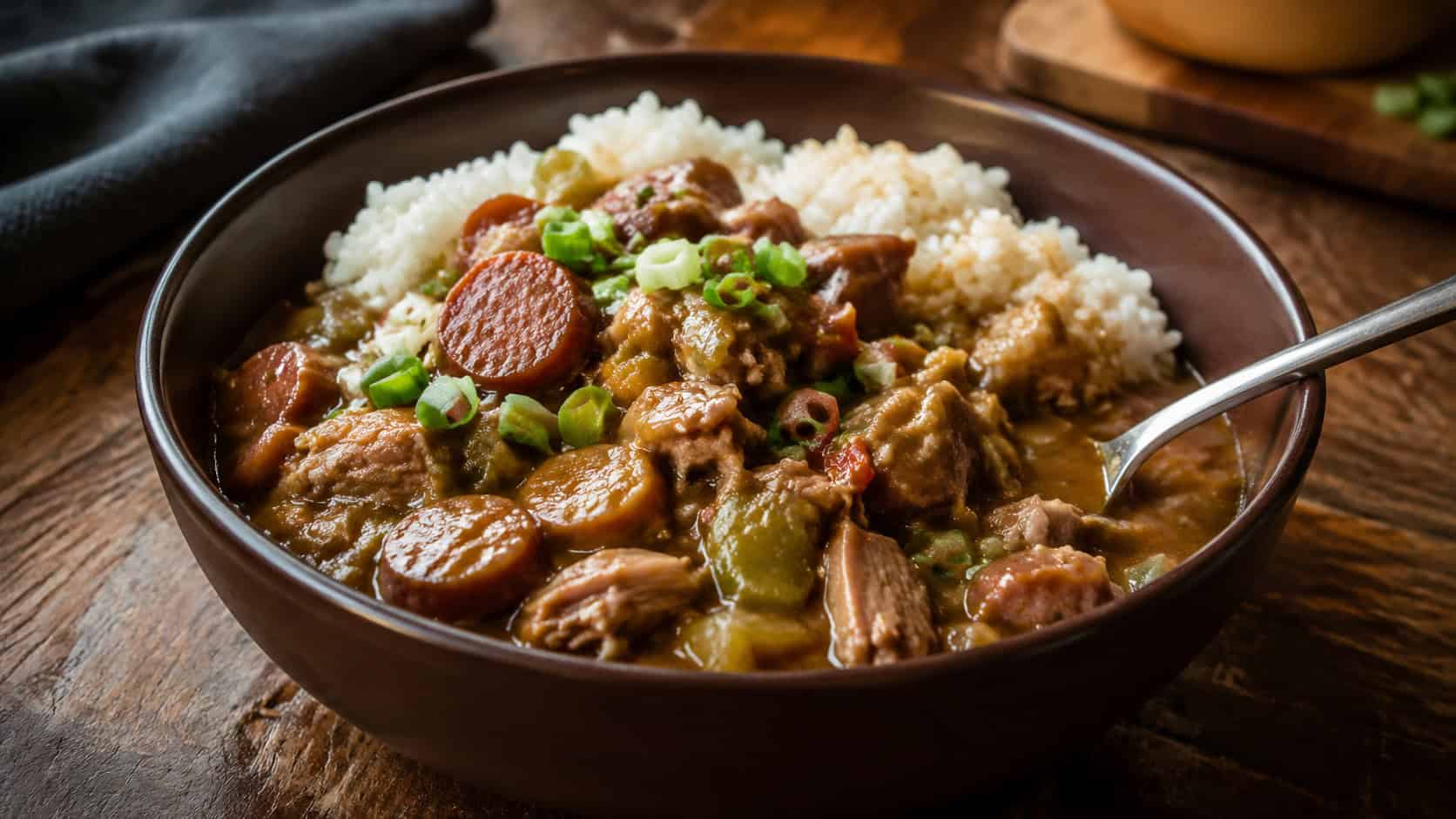 a deep brown bowl of chicken and sausage gumbo over white rice in a wide horizontal shot, green onions on top, a spoon dipped in, cozy rustic table, warm natural light, shallow depth of field, landscape orientation