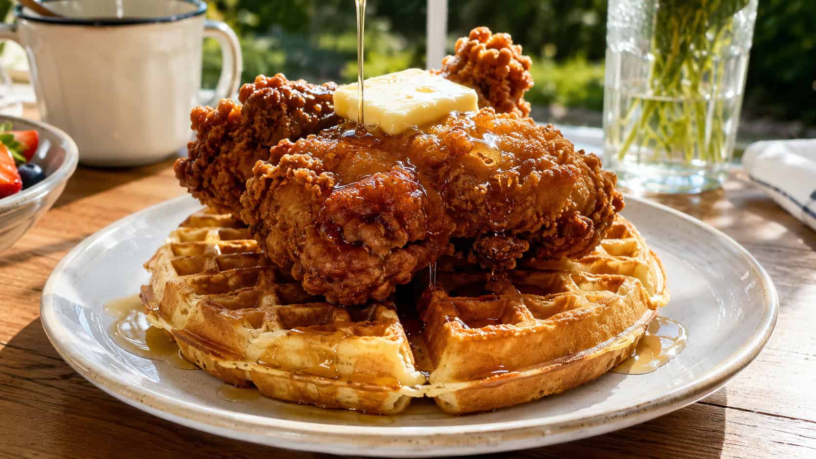 crispy fried chicken on a golden waffle with maple syrup drizzling down in a wide horizontal shot, a pat of butter melting, sunny breakfast table, bright natural light, shallow depth of field, landscape orientation