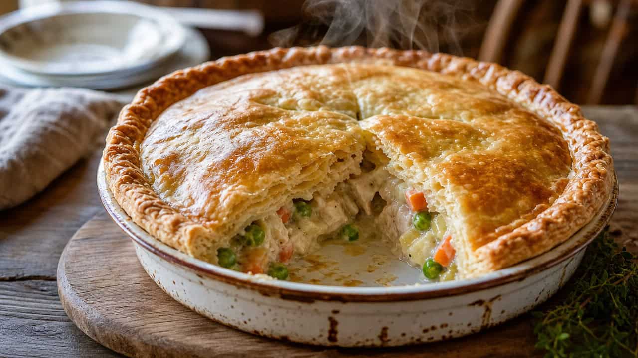 a golden double-crust chicken pot pie with a steaming slice removed in a wide horizontal shot, creamy filling visible, rustic pie dish, cozy farmhouse table, warm natural light, shallow depth of field, landscape orientation