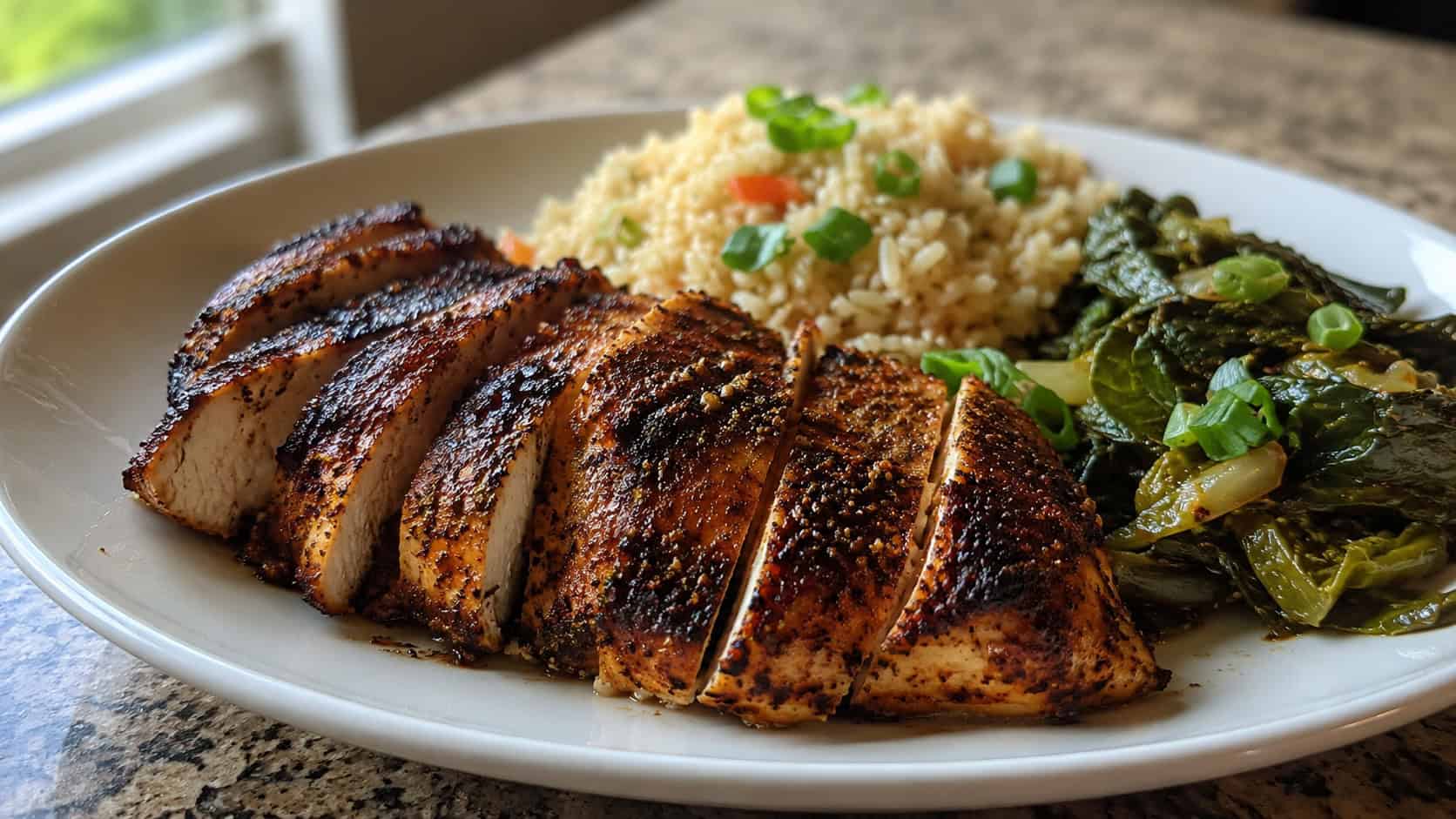 sliced Cajun blackened chicken breast with a dark spiced crust on a wide plate with rice and greens, set on a counter, natural light, shallow depth of field, landscape orientation