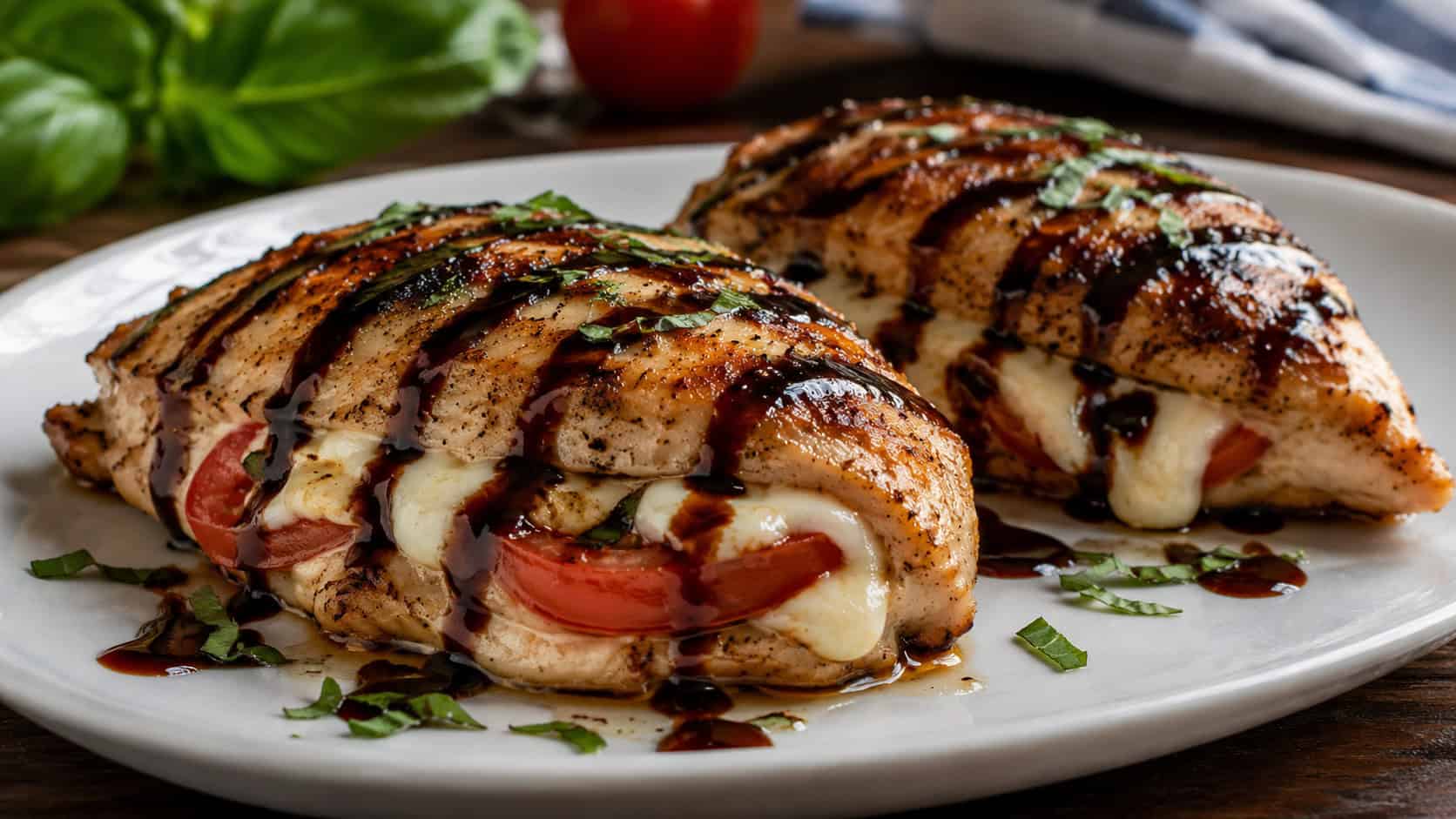 caprese stuffed chicken breasts oozing melted mozzarella and tomato drizzled with balsamic on a wide plate, set on a table, natural light, shallow depth of field, landscape orientation