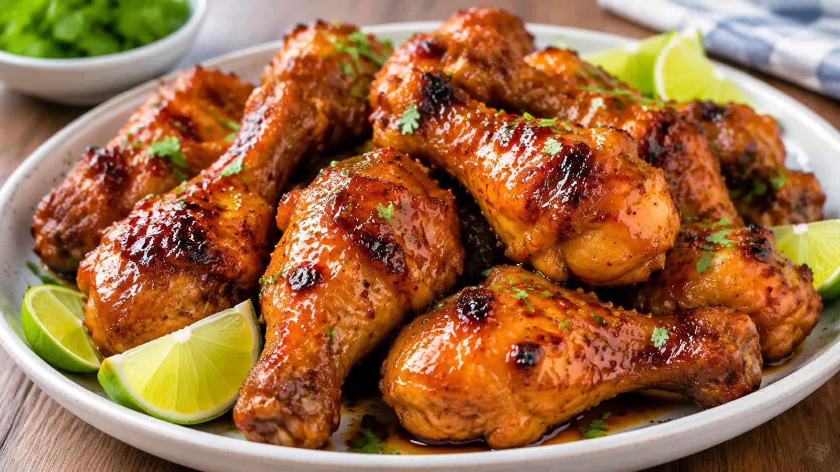 sticky mango habanero chicken drumsticks with a glossy orange glaze piled on a wide platter with lime wedges, set on a table, natural light, shallow depth of field, landscape orientation