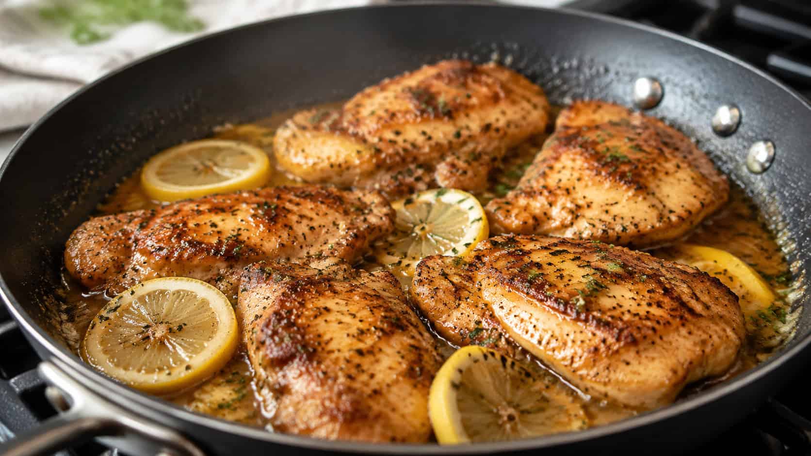 lemon butter garlic chicken breasts in a glossy pan sauce with lemon slices in a wide skillet, set on a stovetop, natural light, shallow depth of field, landscape orientation