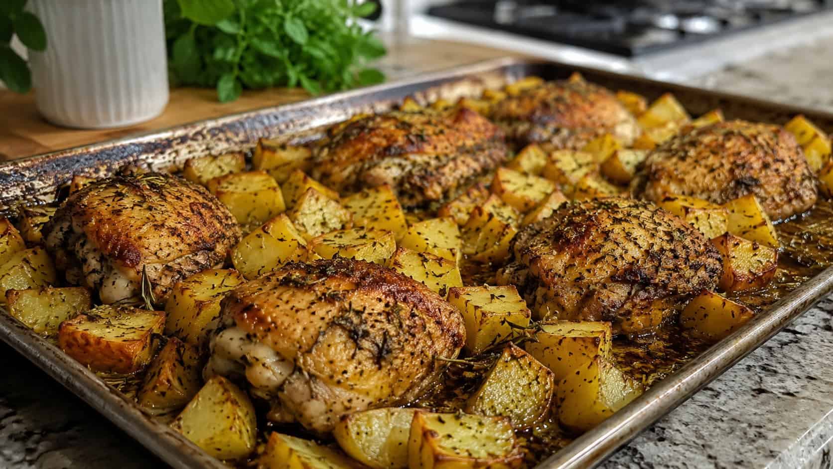Italian baked chicken thighs and golden roasted potatoes on a wide sheet pan with herbs, set on a kitchen counter, natural light, shallow depth of field, landscape orientation
