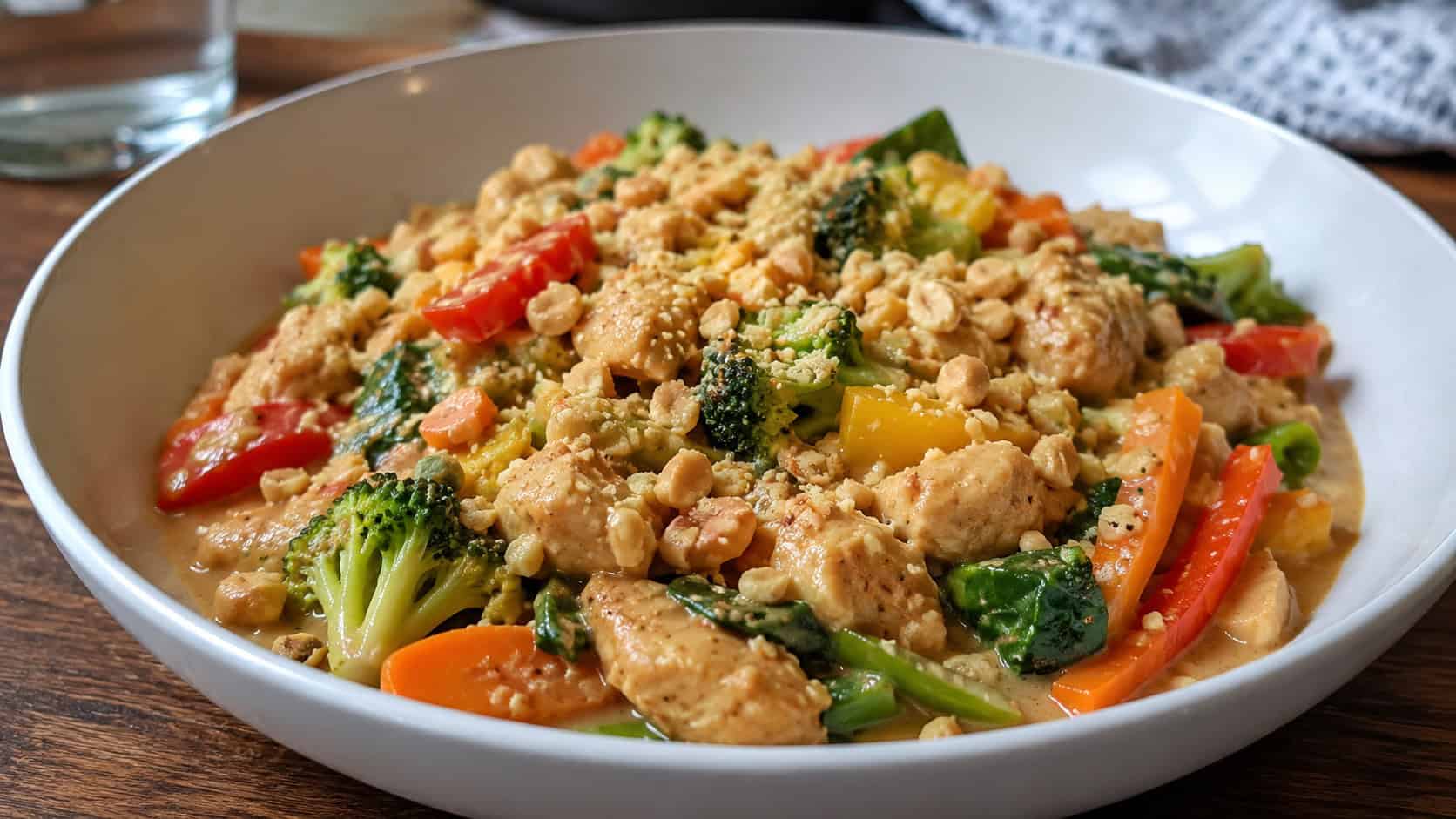 Thai peanut chicken stir fry with colorful vegetables in a creamy sauce in a wide bowl topped with crushed peanuts, set on a table, natural light, shallow depth of field, landscape orientation