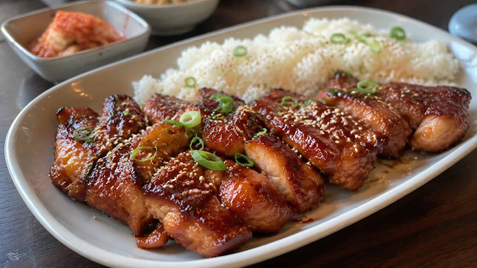 Korean BBQ chicken thighs with a glossy red glaze and sesame seeds on a wide platter with rice, set on a table, natural light, shallow depth of field, landscape orientation