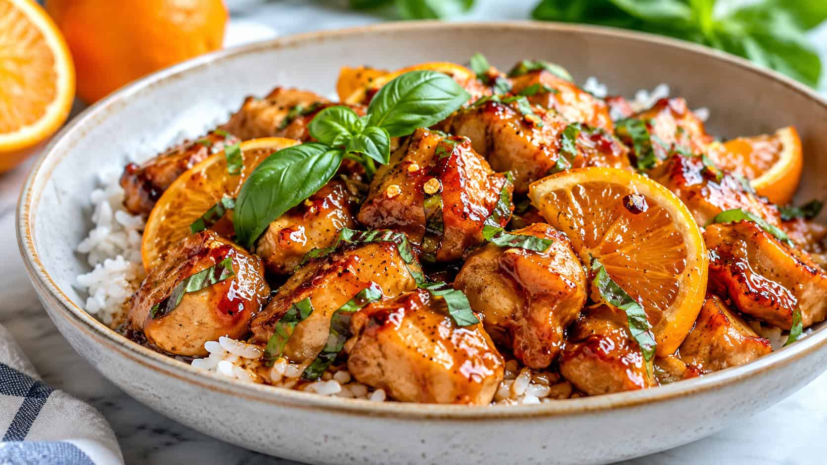 orange basil chicken with a glossy citrus glaze and fresh basil in a wide bowl over rice, set on a bright table, natural light, shallow depth of field, landscape orientation