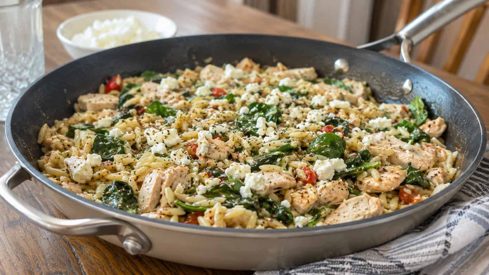 Mediterranean chicken orzo with spinach and crumbled feta in a wide skillet, set on a kitchen table, natural light, shallow depth of field, landscape orientation