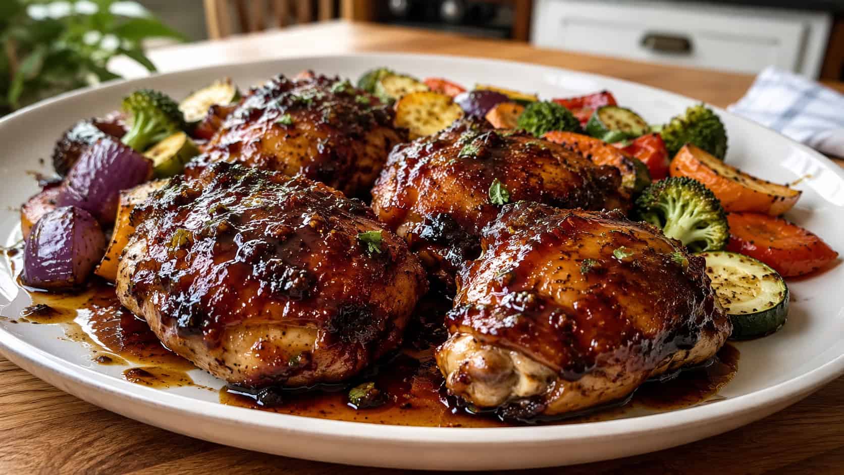 balsamic glazed chicken thighs with a glossy dark sauce on a wide plate with roasted vegetables, set on a kitchen table, natural light, shallow depth of field, landscape orientation