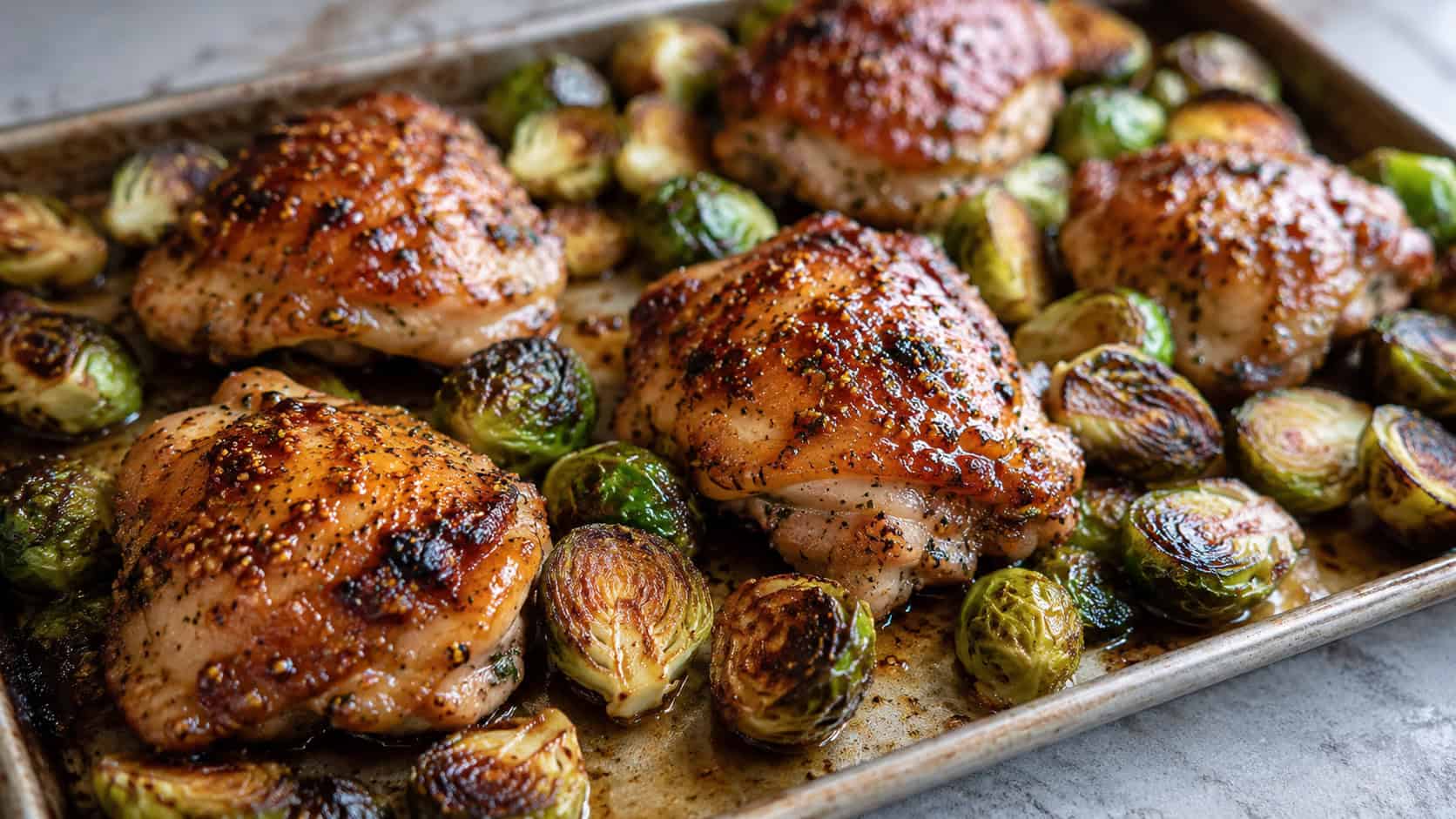 maple dijon glazed chicken thighs with caramelized Brussels sprouts on a wide sheet pan, set on a counter, natural light, shallow depth of field, landscape orientation