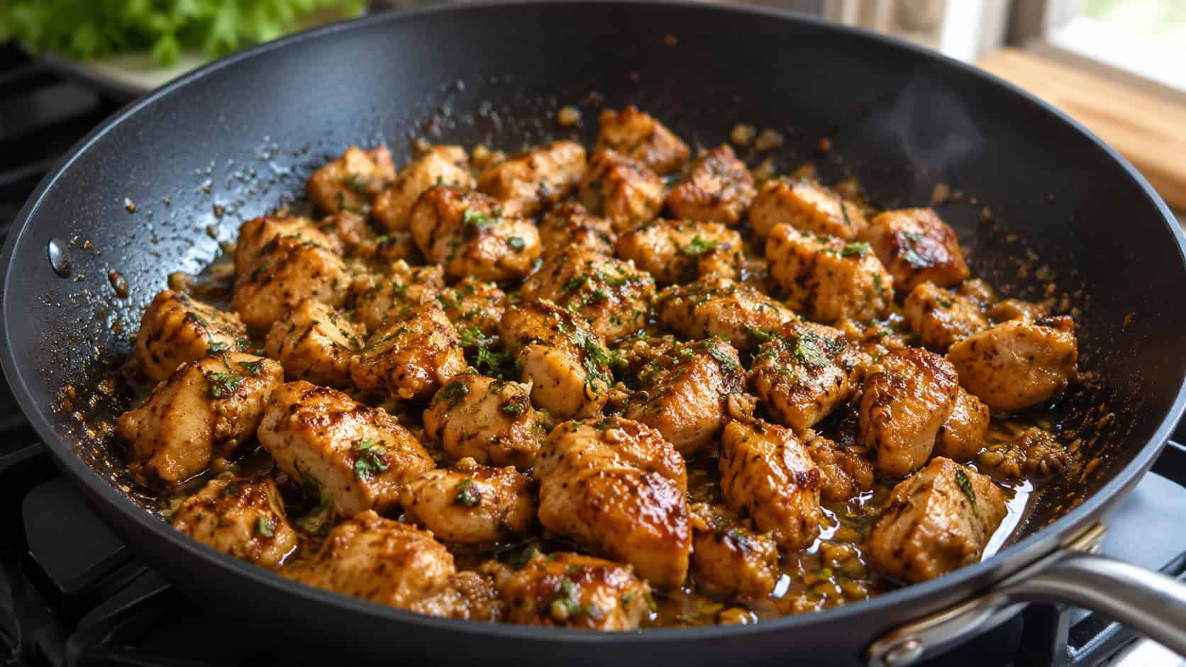 golden garlic butter chicken bites glistening with sauce and parsley in a wide skillet, set on a stovetop, natural light, shallow depth of field, landscape orientation