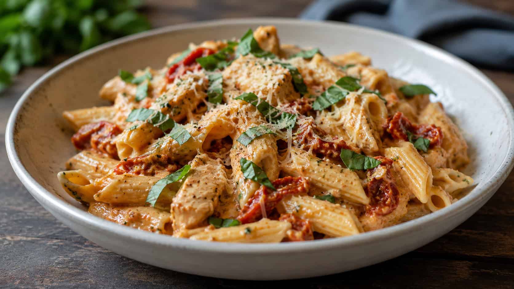creamy sun-dried tomato chicken penne pasta in a wide bowl topped with parmesan and basil, set on a table, natural light, shallow depth of field, landscape orientation
