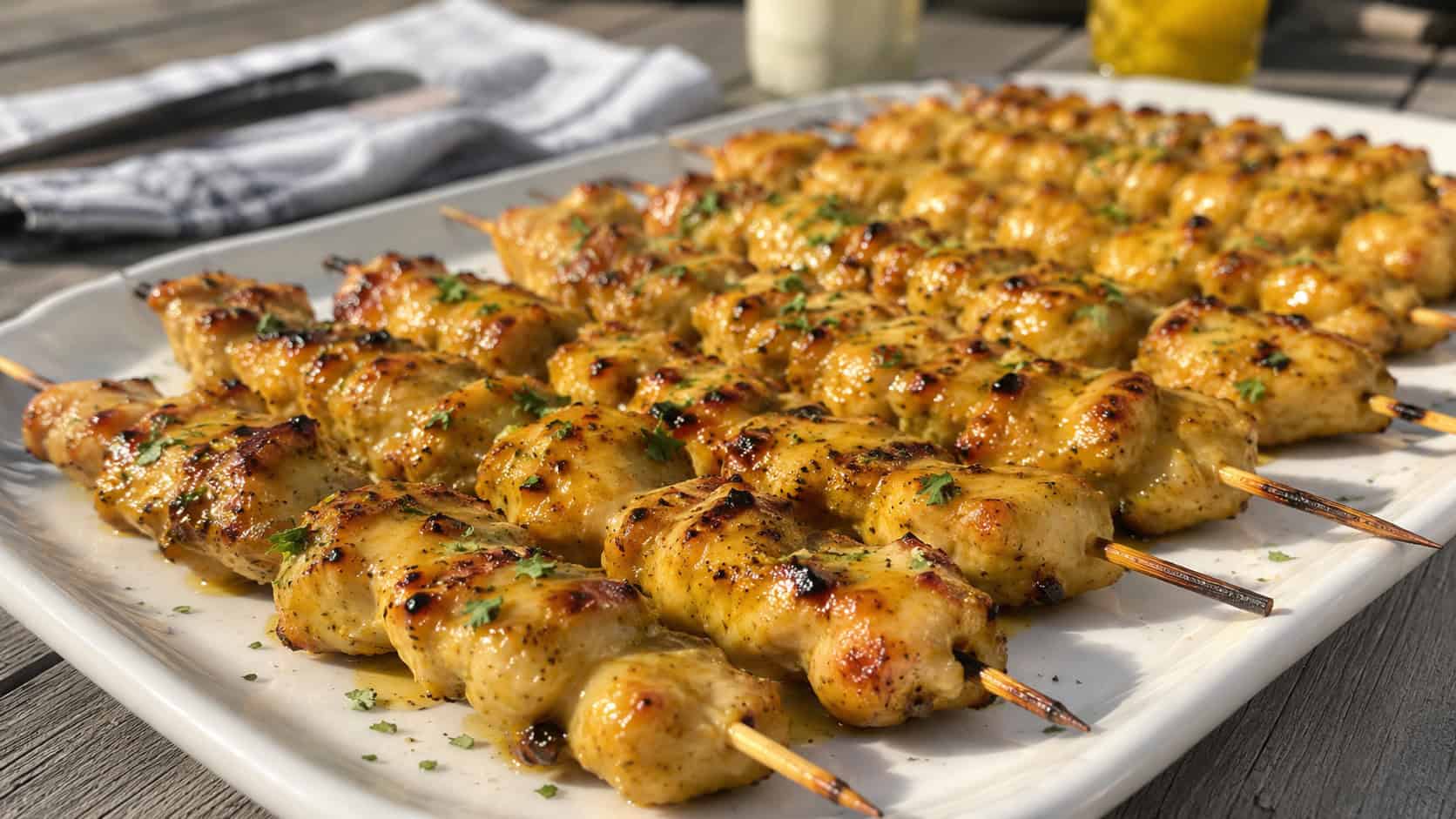 honey mustard chicken skewers with a golden glaze lined up on a wide platter with grill marks, set on a table, natural light, shallow depth of field, landscape orientation
