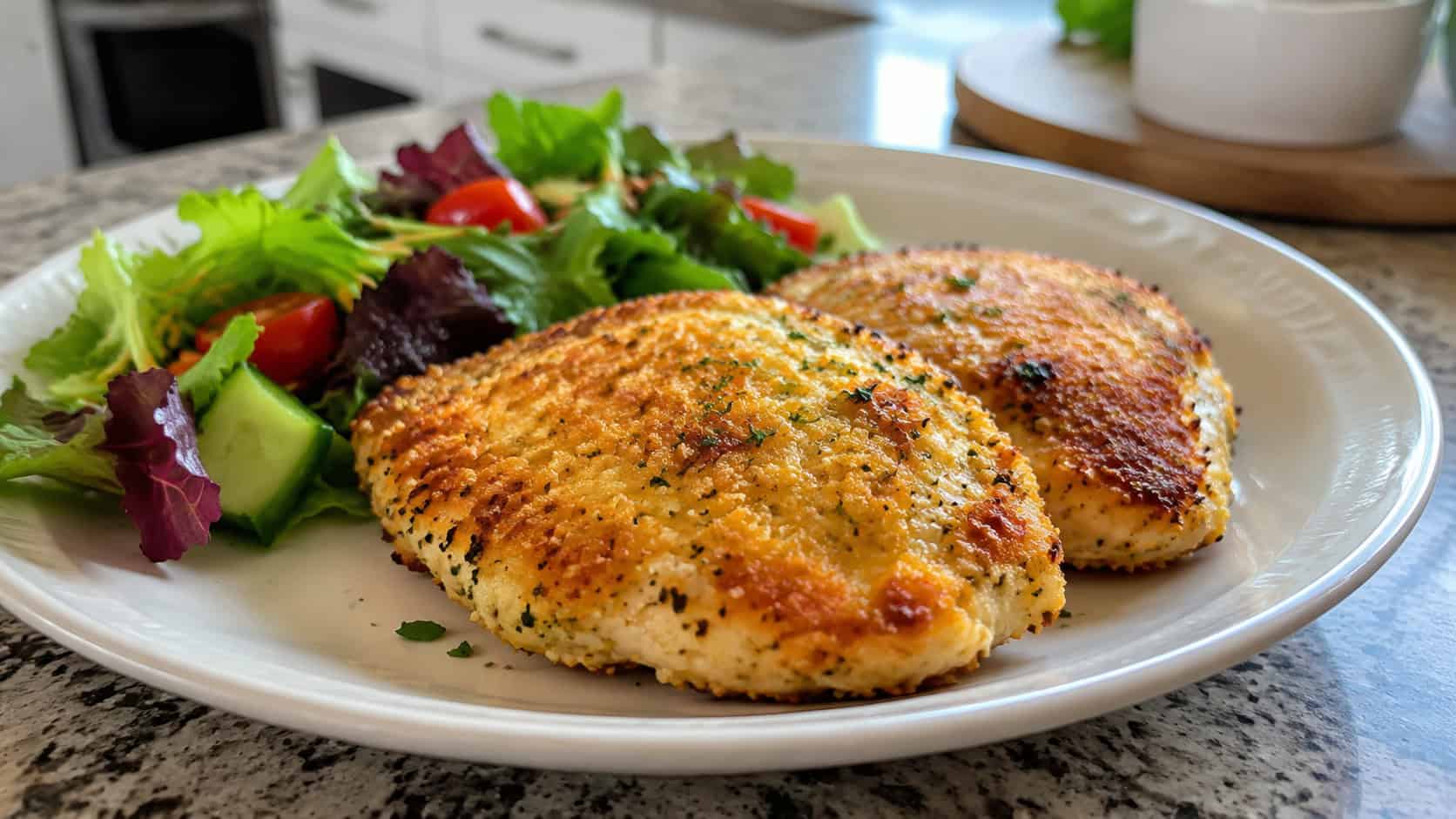 garlic parmesan crusted chicken breasts with a golden crispy top on a wide plate with a side salad, set on a kitchen counter, natural light, shallow depth of field, landscape orientation
