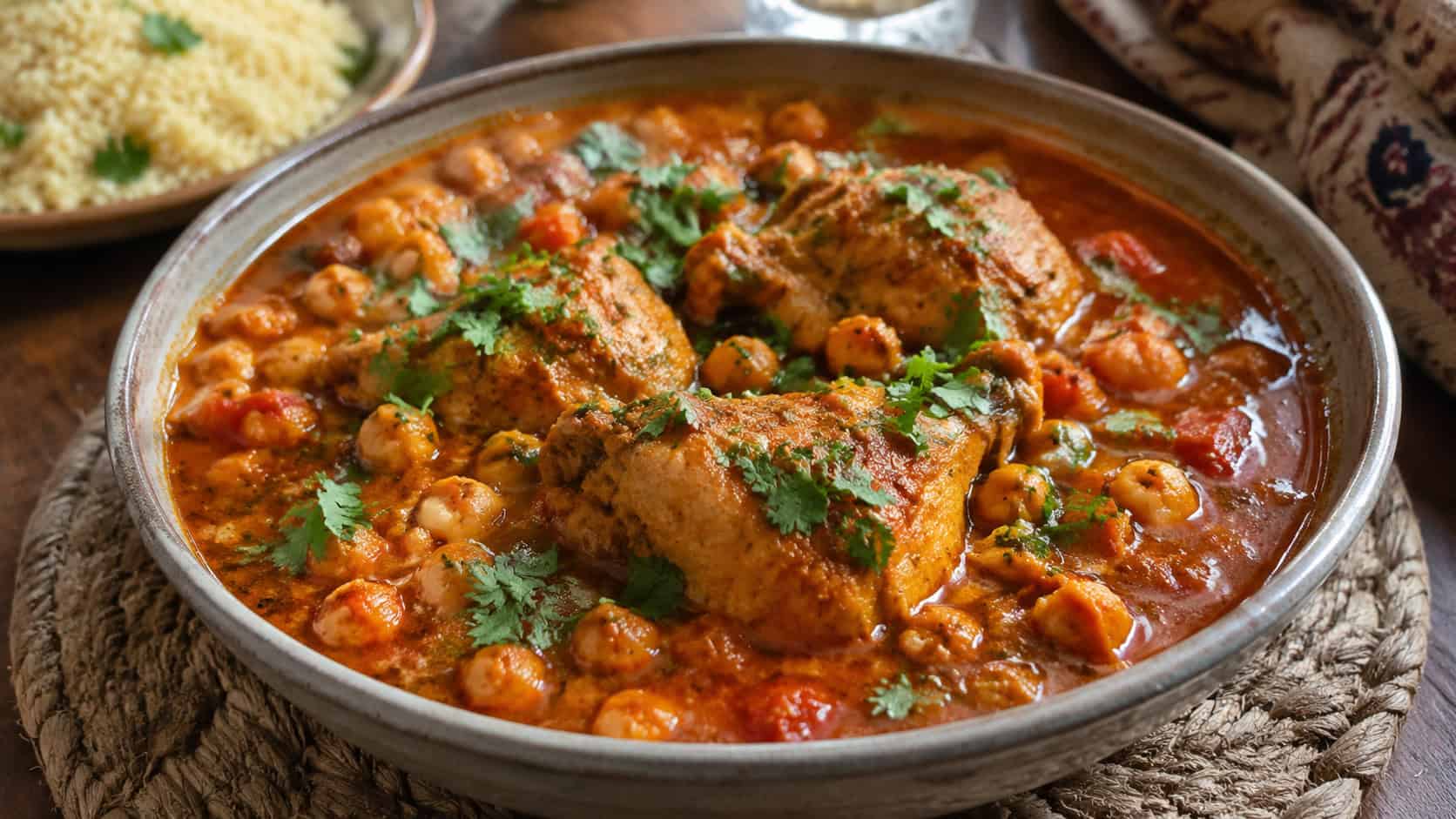 Moroccan chicken stew with chickpeas in a rich red broth in a wide bowl topped with cilantro, set on a rustic table, natural light, shallow depth of field, landscape orientation