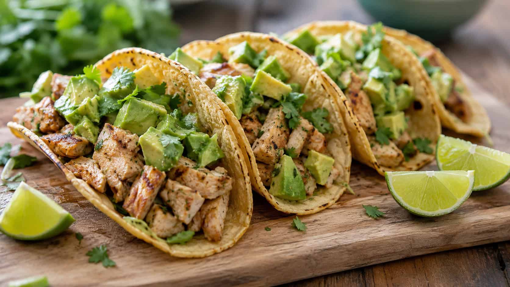 avocado lime chicken tacos in corn tortillas topped with avocado and cilantro, lined up on a wide board with lime wedges, set on a table, natural light, shallow depth of field, landscape orientation
