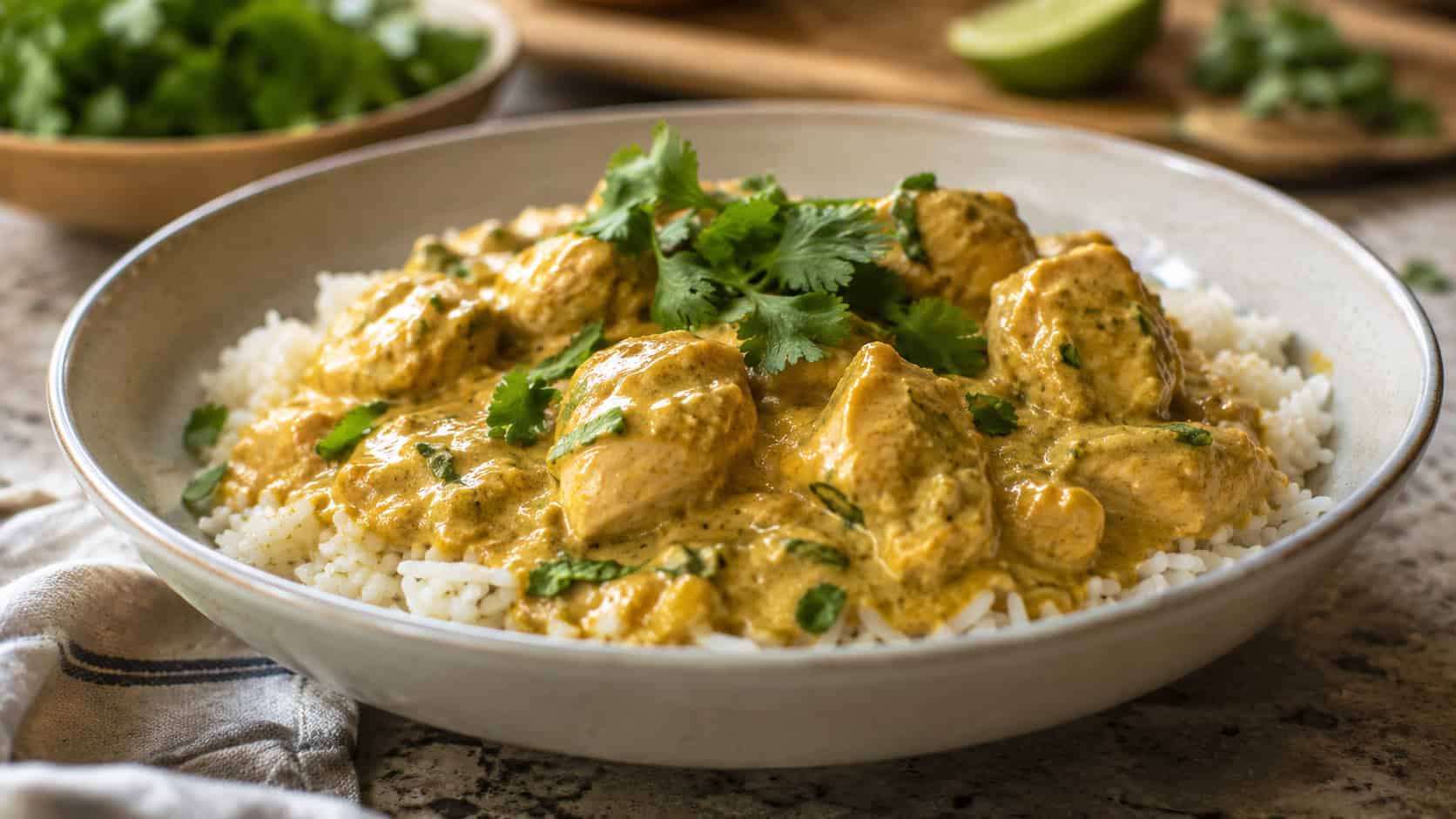 coconut curry chicken in a creamy golden sauce in a wide bowl over rice with cilantro, set on a kitchen table, natural light, shallow depth of field, landscape orientation