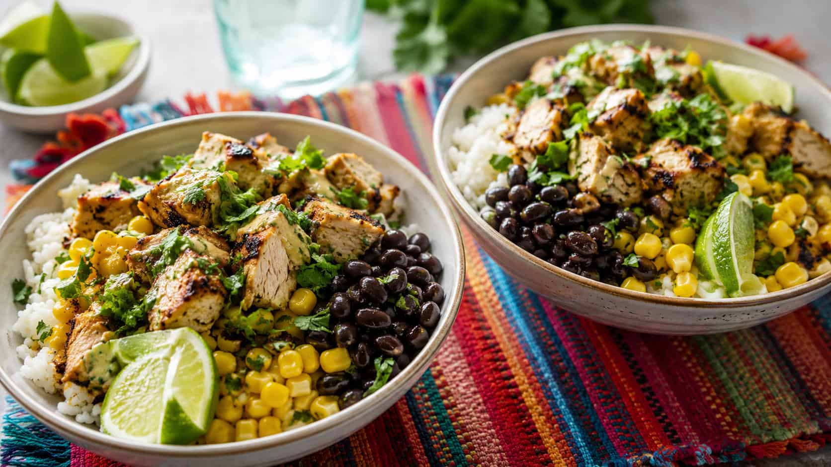 zesty lime chicken bowls with rice, black beans, corn, and lime in a wide horizontal shot, two bowls side by side on a colorful woven placemat, bright cheerful natural light, shallow depth of field, landscape orientation