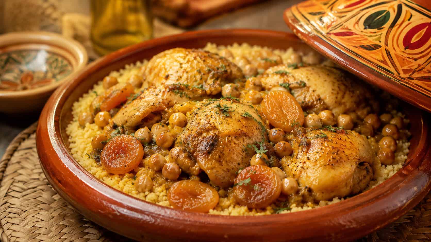 a Moroccan chicken tagine with golden thighs, apricots, and chickpeas in a wide horizontal shot, served in a traditional clay tagine dish over couscous, warm amber natural light, shallow depth of field, landscape orientation
