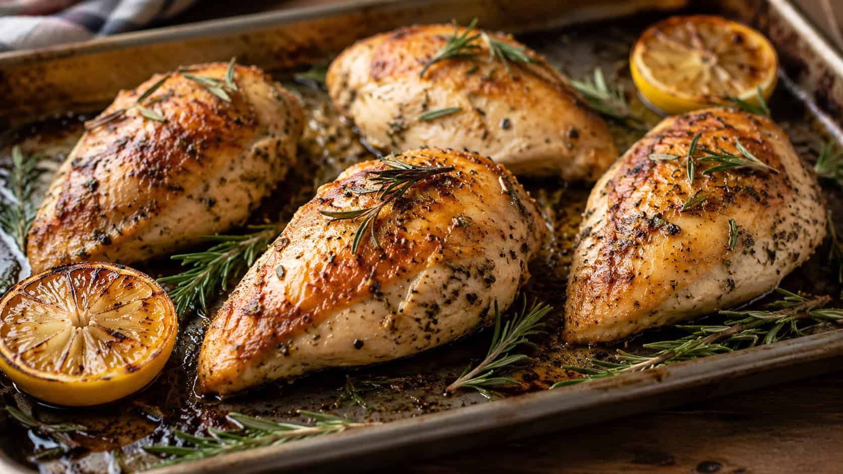 roasted rosemary chicken breasts with golden skin and fresh rosemary sprigs in a wide horizontal shot, arranged on a sheet pan with roasted lemon halves, warm natural light, shallow depth of field, landscape orientation