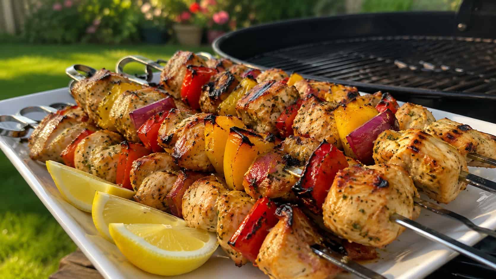 lemon garlic chicken kebabs with charred peppers and onions on metal skewers in a wide horizontal shot, arranged on a platter with lemon wedges over a backyard grill, golden natural light, shallow depth of field, landscape orientation