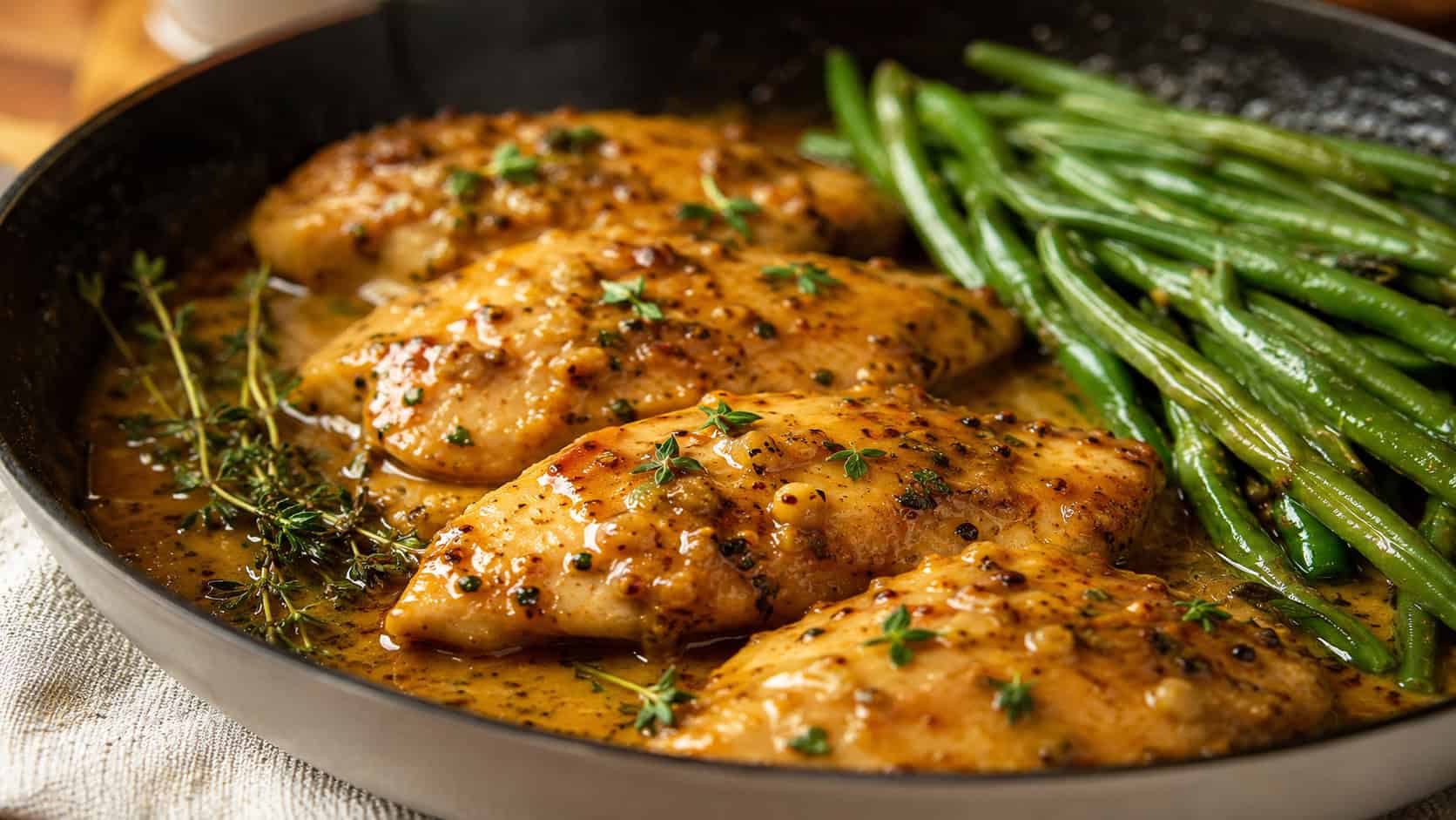 honey mustard chicken breasts in a glossy golden sauce in a wide horizontal shot, plated in a skillet with fresh thyme and a side of green beans, warm natural light, shallow depth of field, landscape orientation