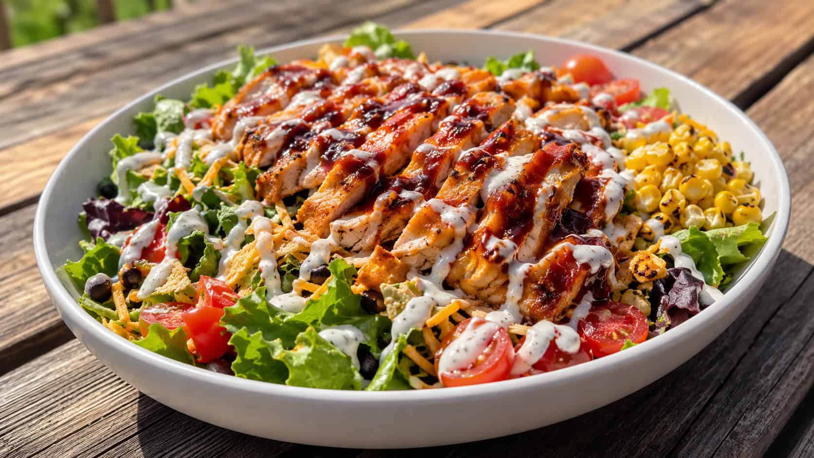 a BBQ ranch chicken salad with sliced glazed chicken, corn, tomatoes, and ranch drizzle in a wide horizontal shot, served in a big shallow bowl on a picnic table, bright natural light, shallow depth of field, landscape orientation