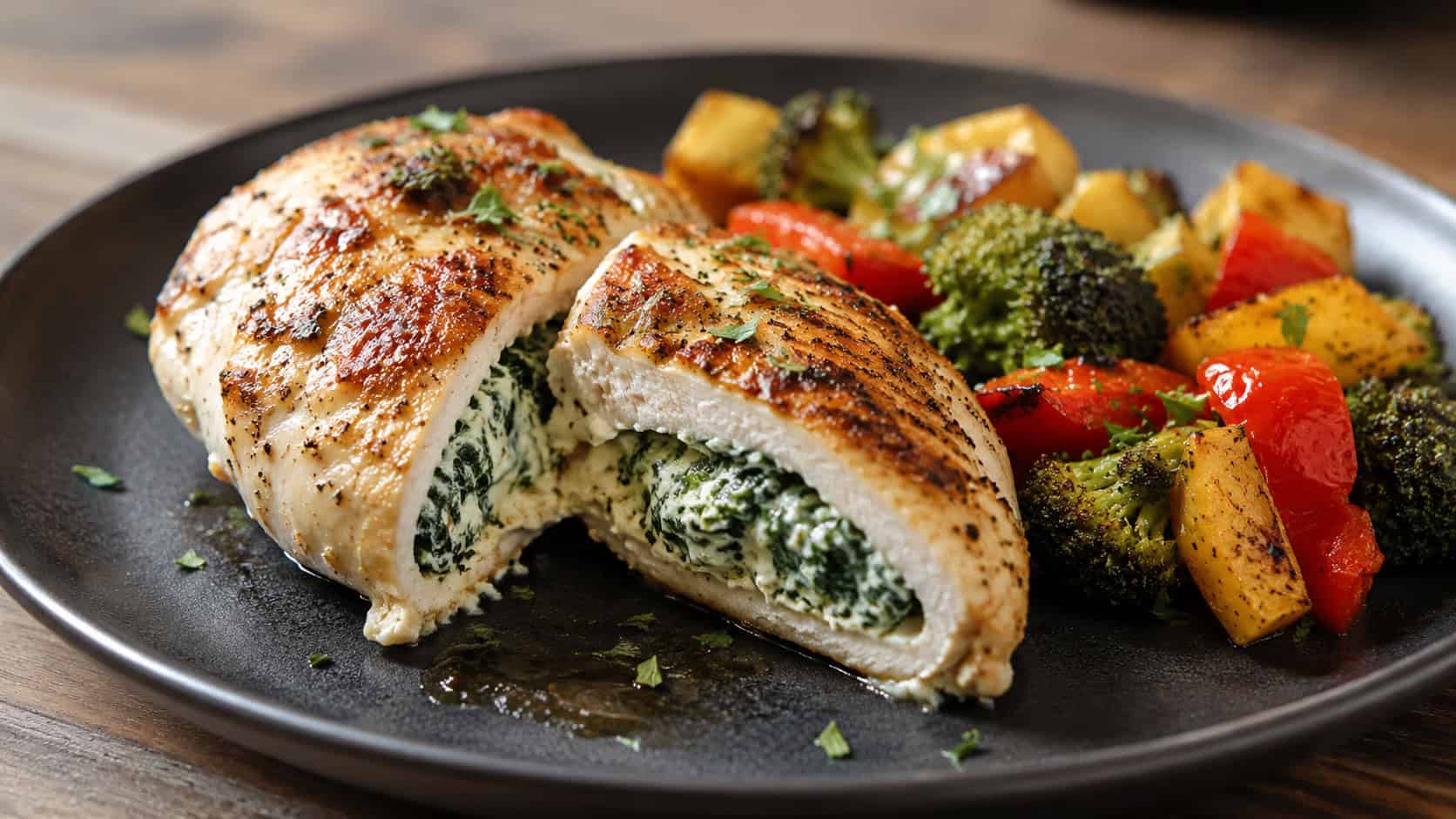 spinach stuffed chicken breast sliced to show the creamy green filling in a wide horizontal shot, plated with roasted vegetables on a dark ceramic dish, warm natural light, shallow depth of field, landscape orientation