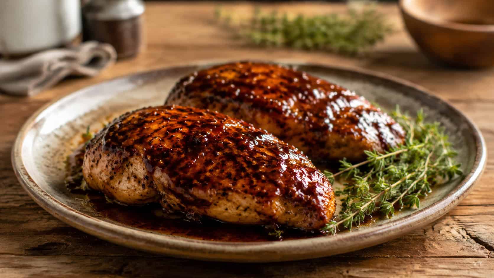 balsamic glazed chicken breasts glistening with dark glaze on a rustic ceramic plate in a wide horizontal shot, fresh thyme sprigs alongside on a weathered farmhouse table, warm natural light, shallow depth of field, landscape orientation