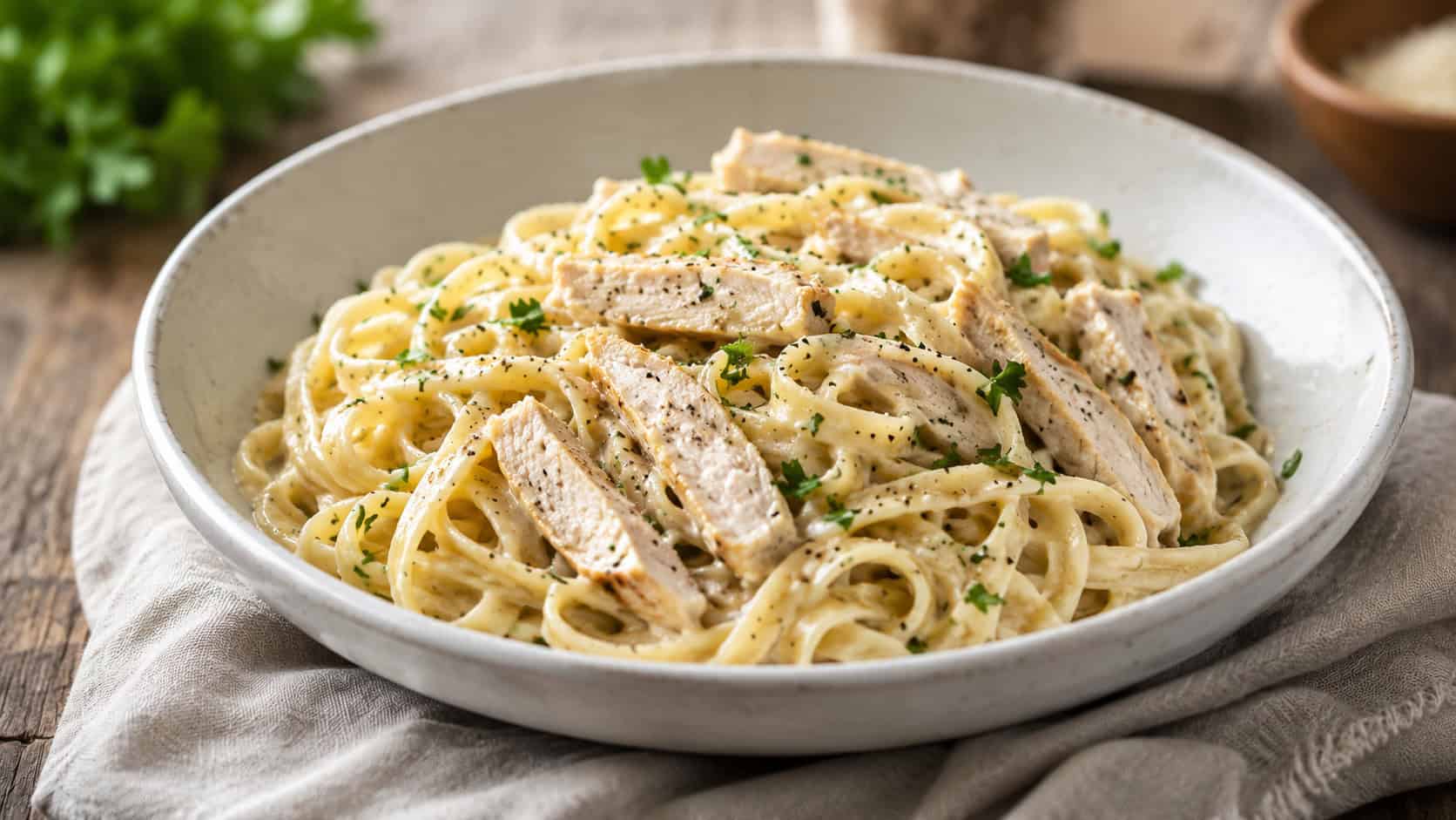 skinny chicken alfredo with creamy fettuccine and sliced chicken in a wide horizontal shot, twirled in a shallow bowl with parsley and cracked pepper on a soft linen napkin, warm natural light, shallow depth of field, landscape orientation